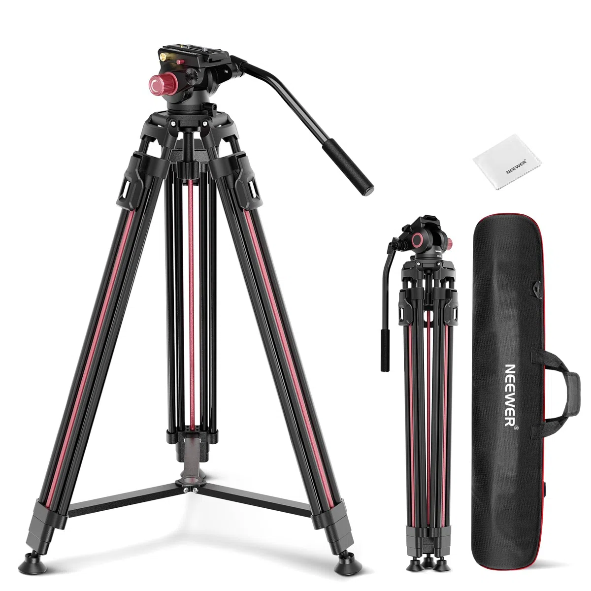 NEEWER LL38 2m Treppiede Video per Fotocamera con Testa Fluida e Panno Pulizia, Tripod in Metallo Robusto con Piastra a Sgancio Rapido in Un Passo Compatibile con Canon Nikon Sony Videocamera, Max 8kg