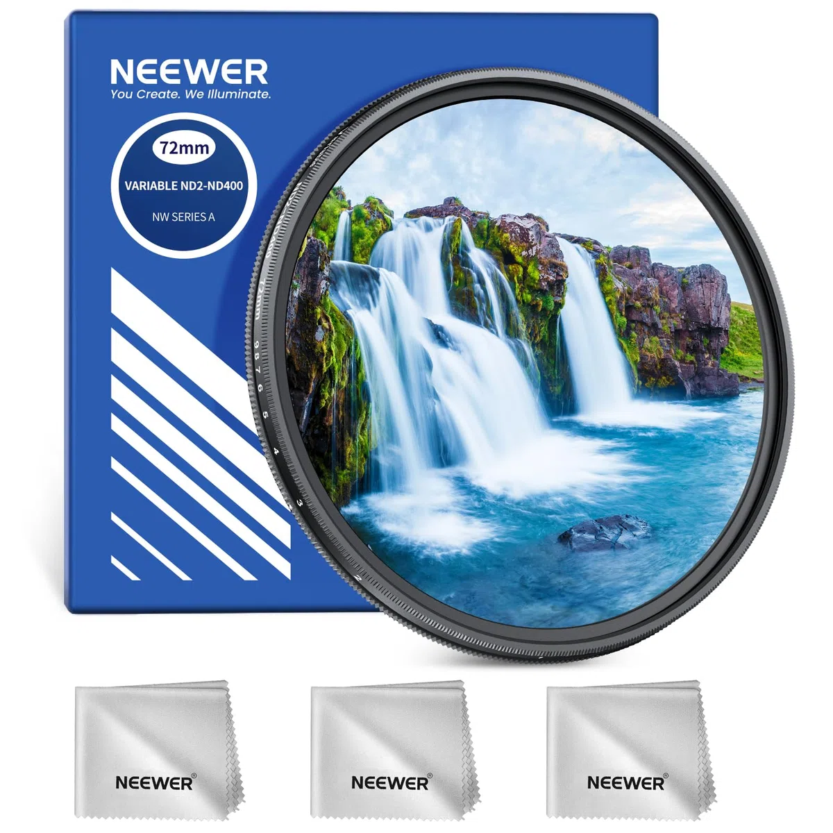 NEEWER 72mm Filtro ND Variabile, ND2-400 (1-9 Stop) Filtro a Densità Neutra Variabile Rotante Regolabile per Lente Fotocamera in Vetro Ottico Multistrato per Bilanciamento Esposizione,3 Panni Pulizia
