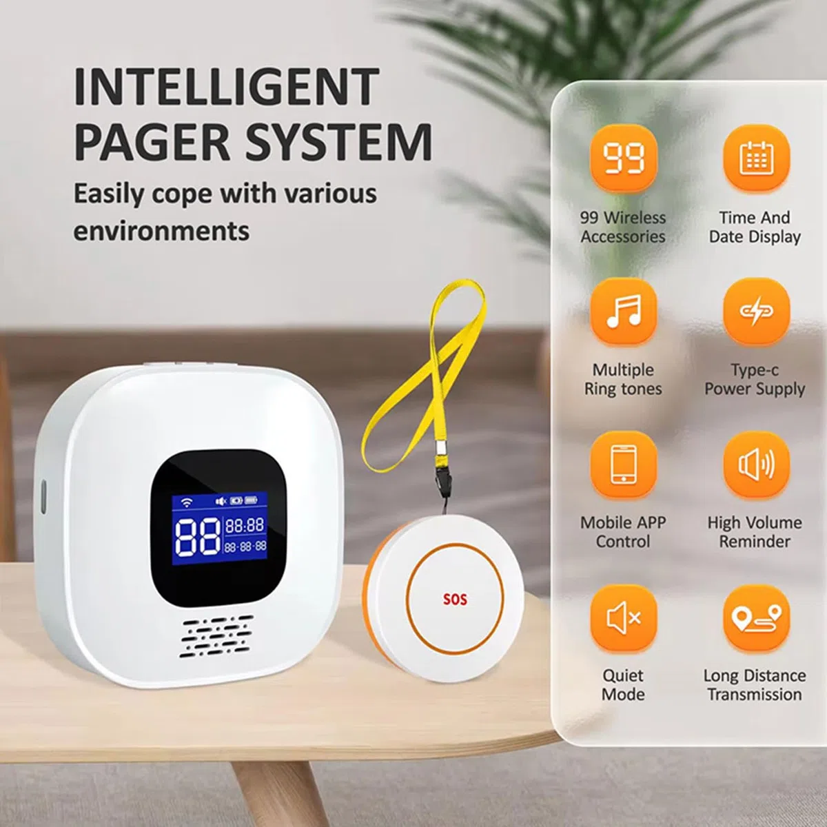 VOCA Smart WiFi Wireless SOS Pager, Pulsante di chiamata – Pulsante di panico e allarme di emergenza per anziani, pazienti e disabili | WiFi 2.4G | Include ricevitore, pulsante di chiamata