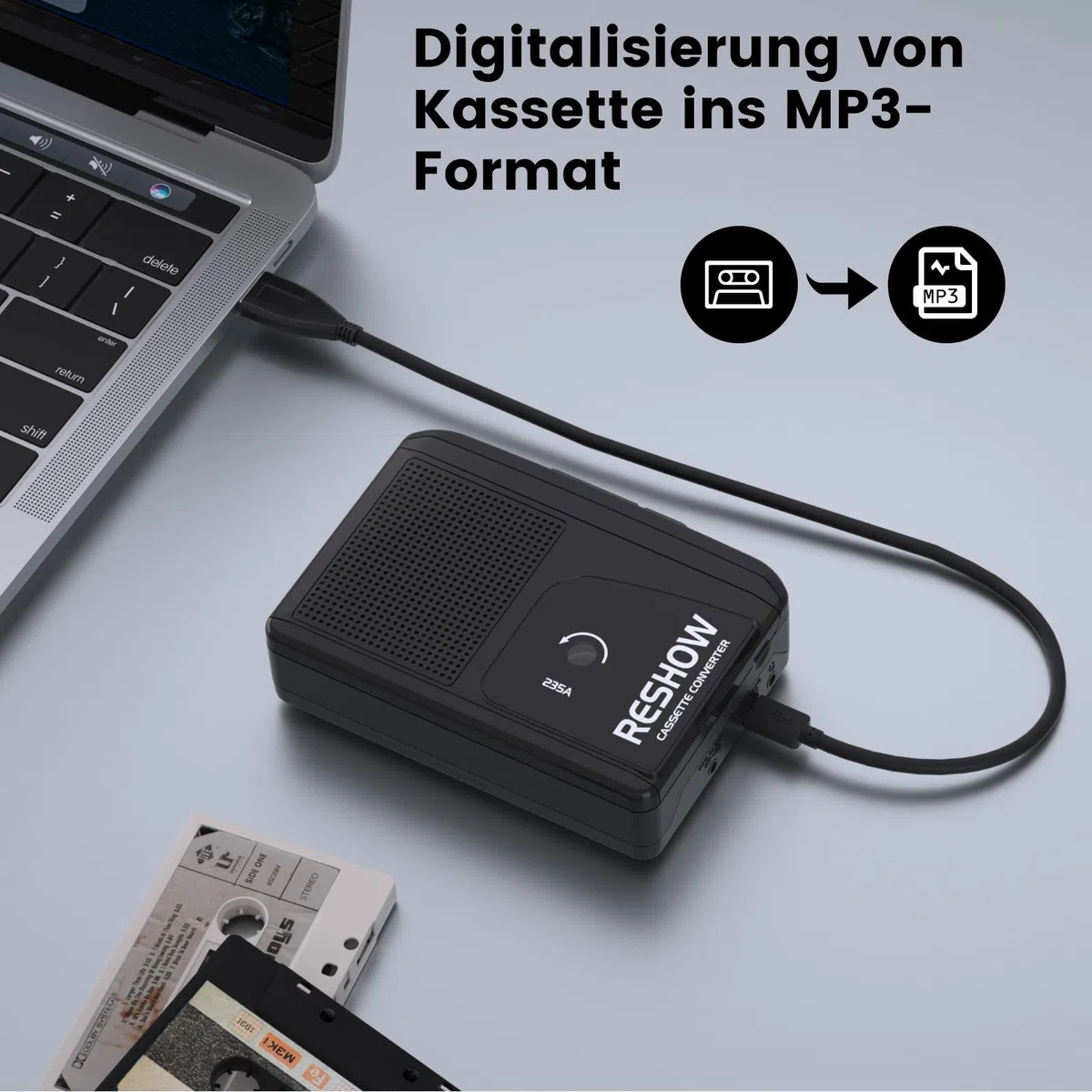 Reshow Lettore Di Cassette Portatile, Convertitore USB Da Cassetta A MP3, Microfono E Altoparlante Integrati, Registrazione Inversa, Registratore Di Cassette Con Cuffie, Nero