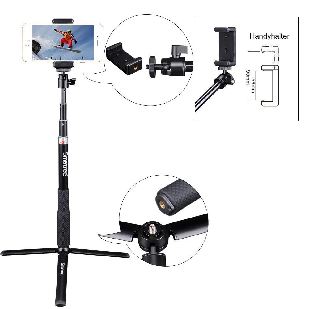 Smatree Q3S Bastone Selfie Monopiede Telescopico Allungabile con treppiede per GoPro Hero 2018, Hero 13/12/11/10/9/8/7/6/5/4/3+/3/2/1/Session/Insta 360/Ricoh Theta
