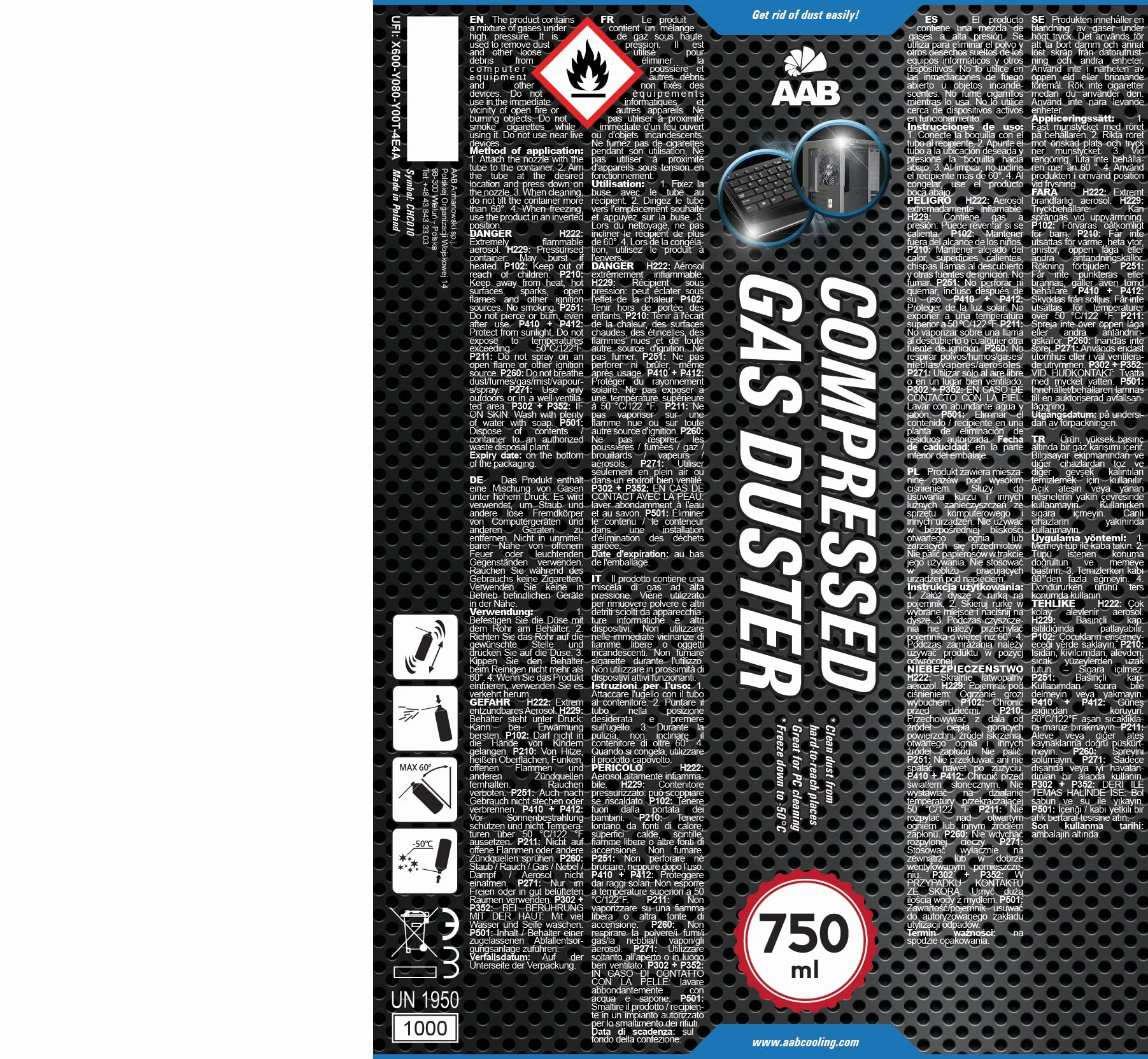 24 x AAB Bomboletta d’Aria Compressa 750ml per Pulire Accessori PC, Tastiera, Televisioni, Fotocamere e Altri, Spray Contatti, Spray con Tubo di Estensione, Rimozione di Polvere, Compressed Air