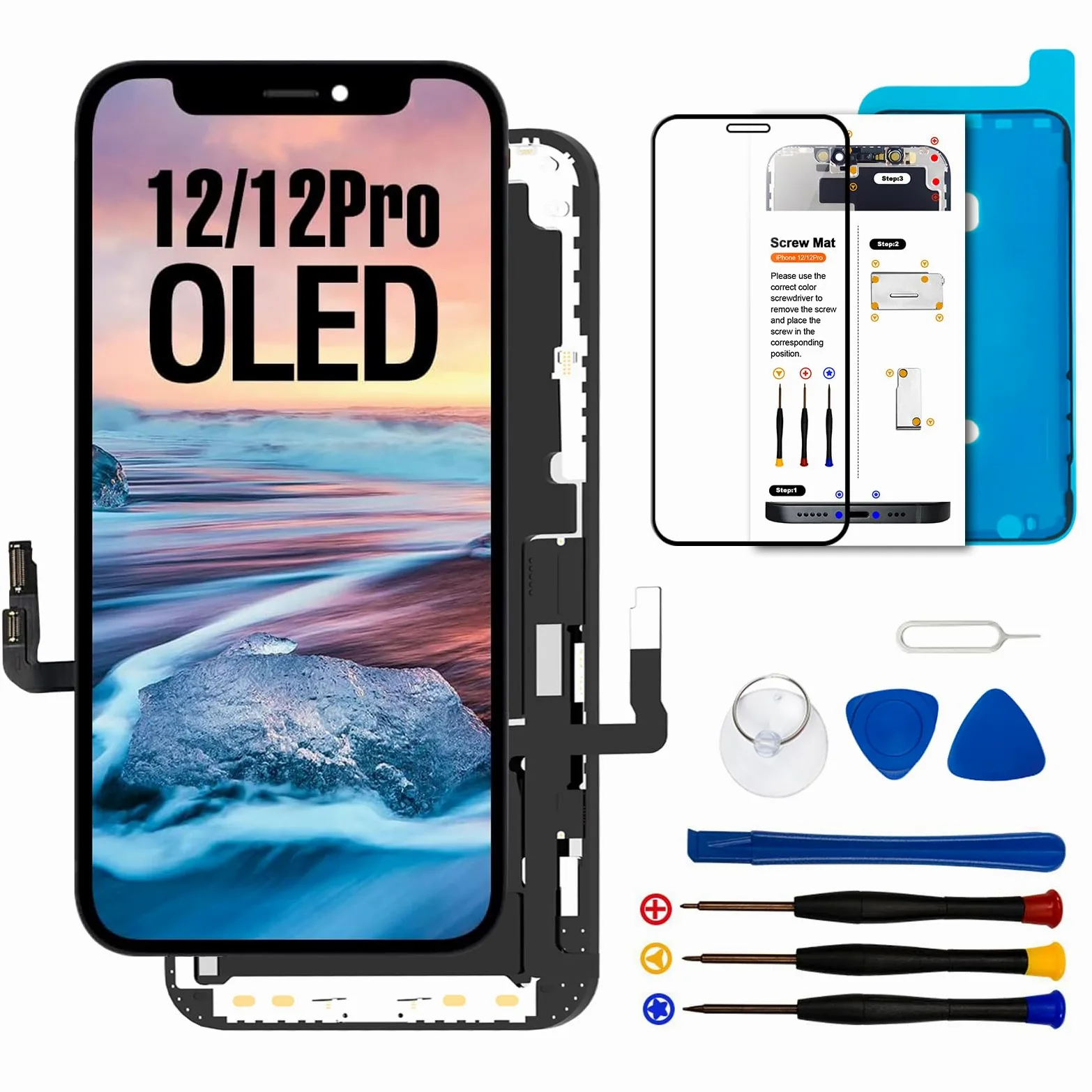Dinow Display OLED per i-Phone 12/12 PRO Schermo, Full-HD 3D Touch Sostituzione Vetro Digitalizzatore Parti di Ricambio con Kit di Riparazione