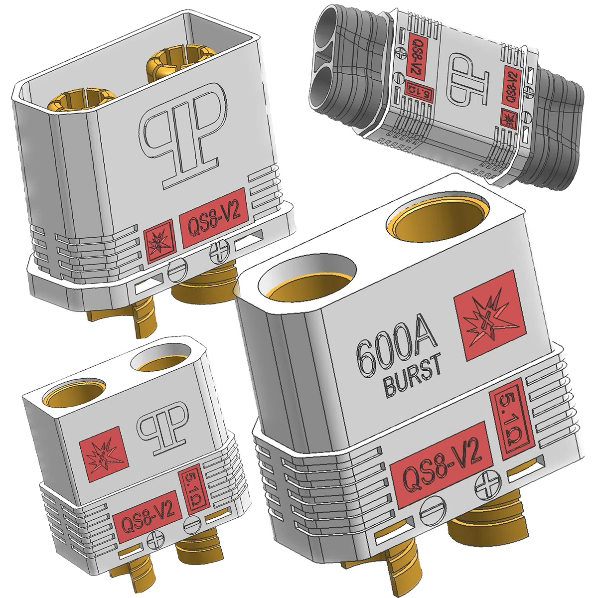 Perfect Pass QS8-V2 - Set di connettori anti-scintilla (5 pezzi) maschio e femmina + coperture per cavi (4 pezzi x 5) / nuova versione migliorata del connettore QS8-S / 600A Burst/proiettili da 8 mm