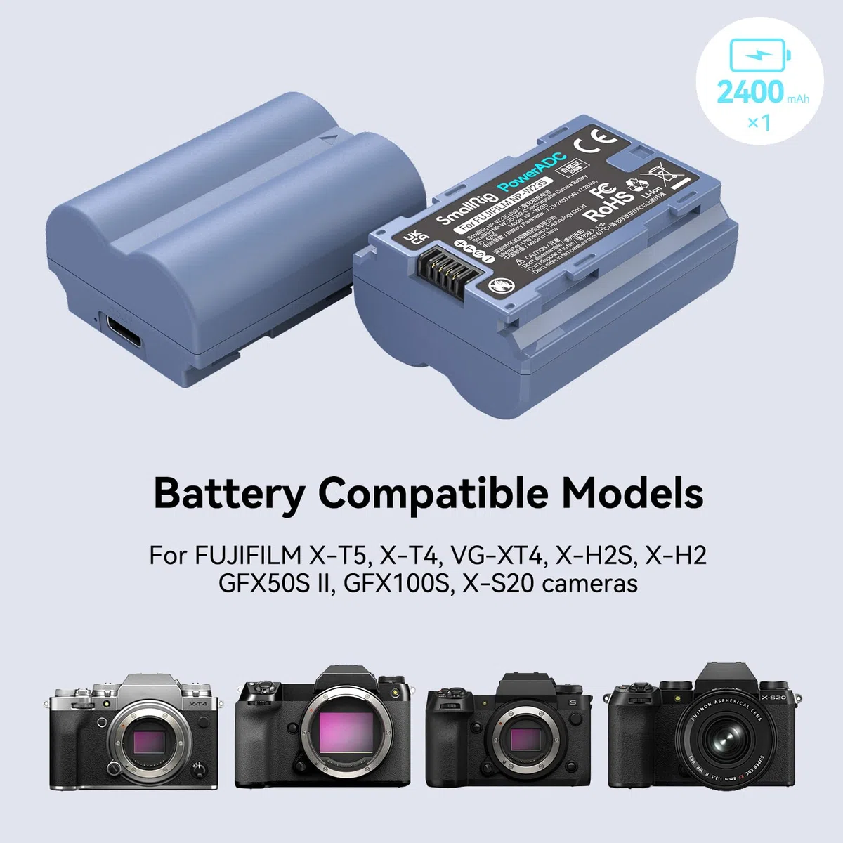 SMALLRIG Batteria per NP-W235 2400mAh per Fujifilm X-T5 / X-T4 / GFX 100S, Batteria per Fotocamera Ricaricabile con USB-C 2.5H Ricarica Rapida per Fujifilm X-H2S, X-H2, GFX 50S II, XS20, Blu - 4266