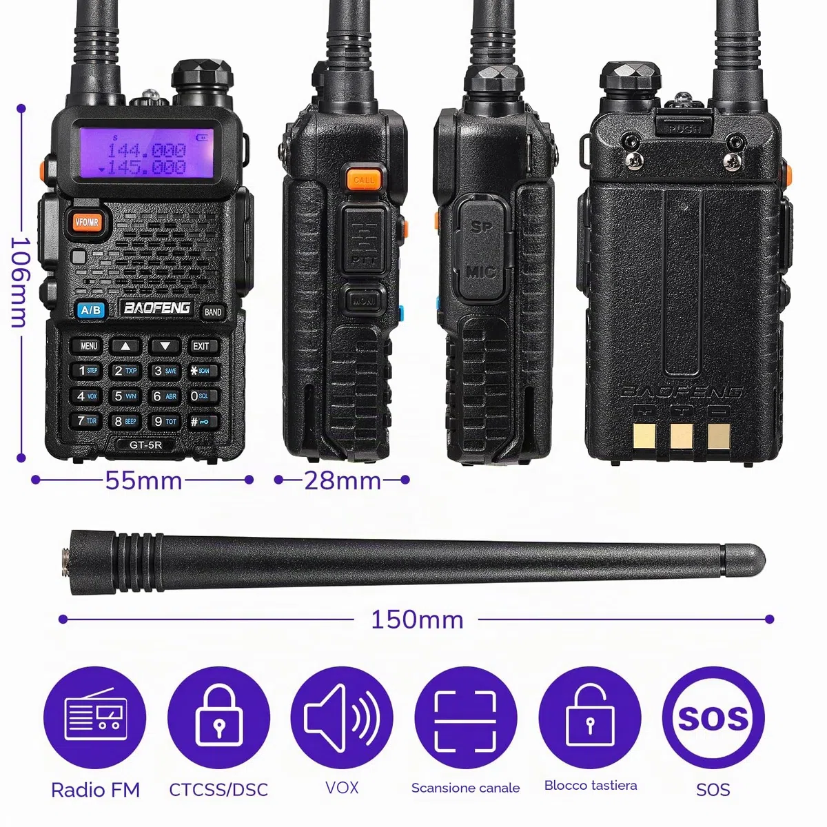 BAOFENG GT-5R Walkie Talkie, Radio Bidirezionale UHF VHF con 144-146/430-440 MHz, Radio Amatoriale a Lungo Raggio con 128 Canali, 1800 mAh Batteria, Cuffie, Antenna da 396 mm, Cavo di programmazione
