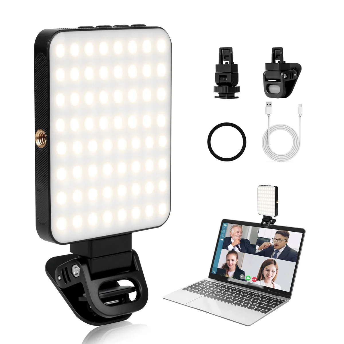 AiQInu Luce per Video 128 LED, 3 modalità di luce video, batterie integrate da 2000Mah, CRI 95+, luce selfie telefono a morsetto, luce per videoconferenza per iPhone, iPad, laptop