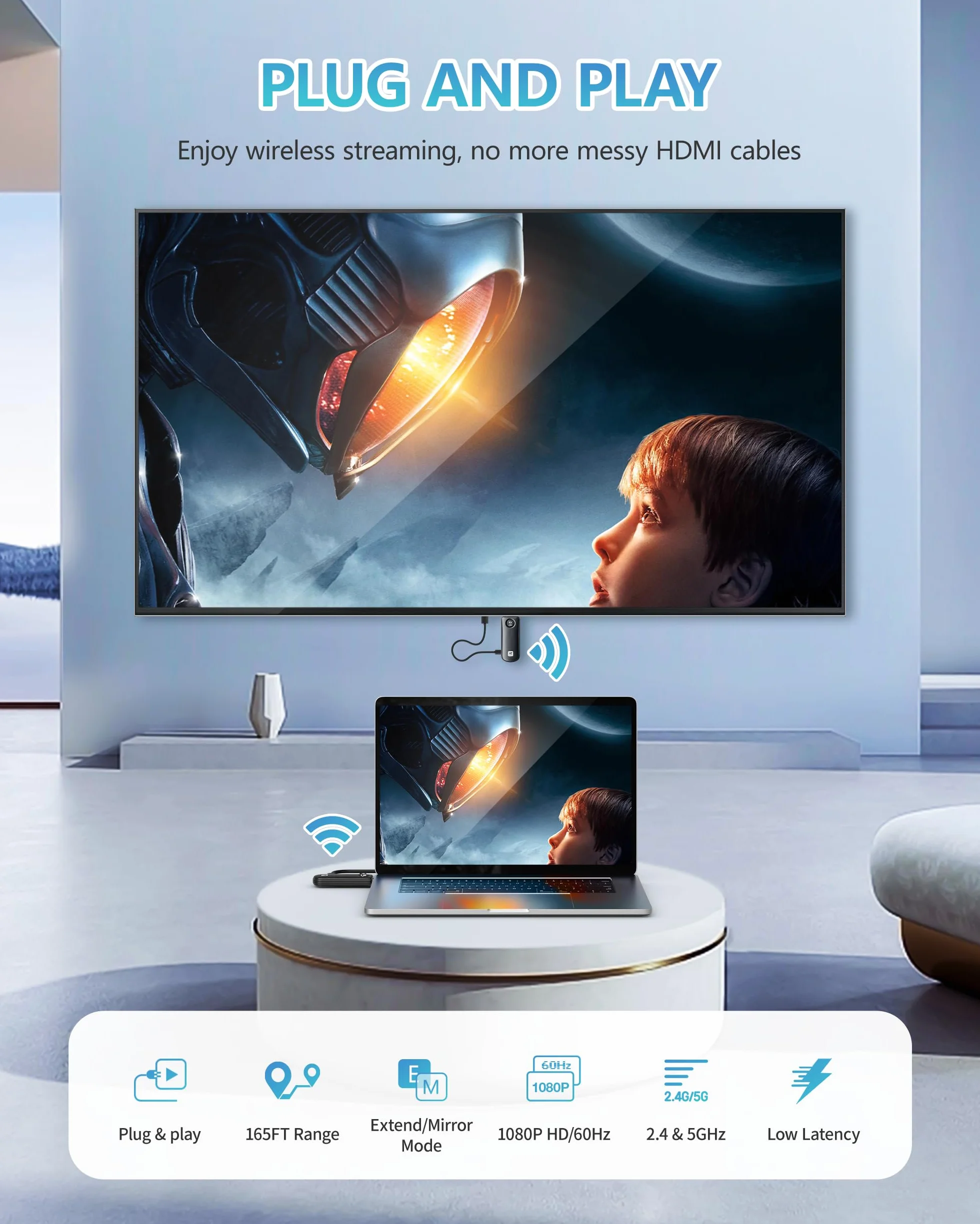 2026 Trasmettitore e ricevitore HDMI senza fili, Decodifica 4K Uscita 1080P, 2.4/5G Stabile Trasmissione, Supporta WIreless Streaming Video/Audio/File da Laptop, PC a Monitor/HDTV/Proiettore - 50M