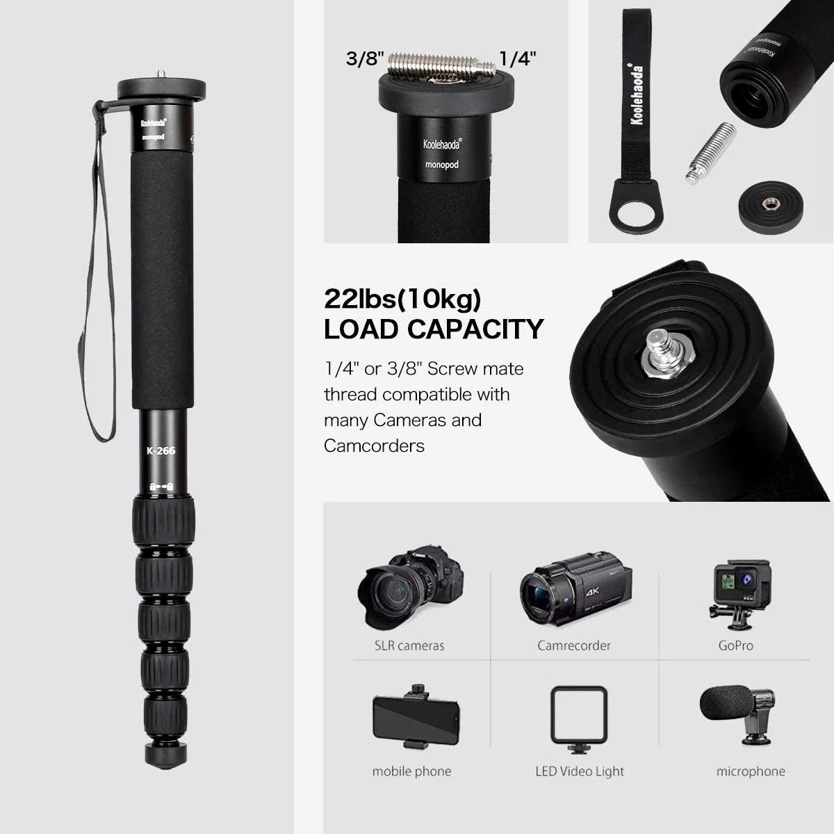 koolehaoda Fotocamera Monopiede 6 sezioni Compatto portatile Fotografia Lega di alluminio Unipiede Stick, max. Caricare 10 kg, la dimensione pieghevole è di soli 39 cm (nero)