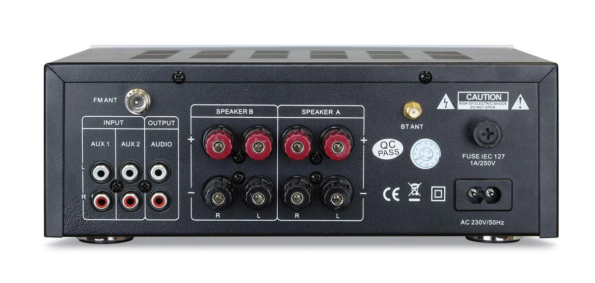 Dynavox VT-80 MK amplificatore stereo compatto, 4 terminali di altoparlanti a vite, telecomando per ingressi digitali (USB, scheda SD), antenna BT integrata e radio FM, argento