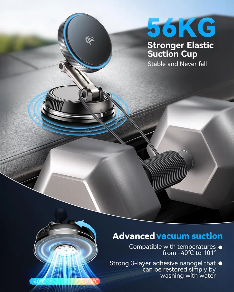 Qi2 15W Ricarica Veloce Magnetico Porta Cellulare Auto [Ventosa a Vuoto & Regolabile 360°] Caricatore Wireless Supporto Telefono per MagSafe per Ventola/Cruscotto/Parabrezza