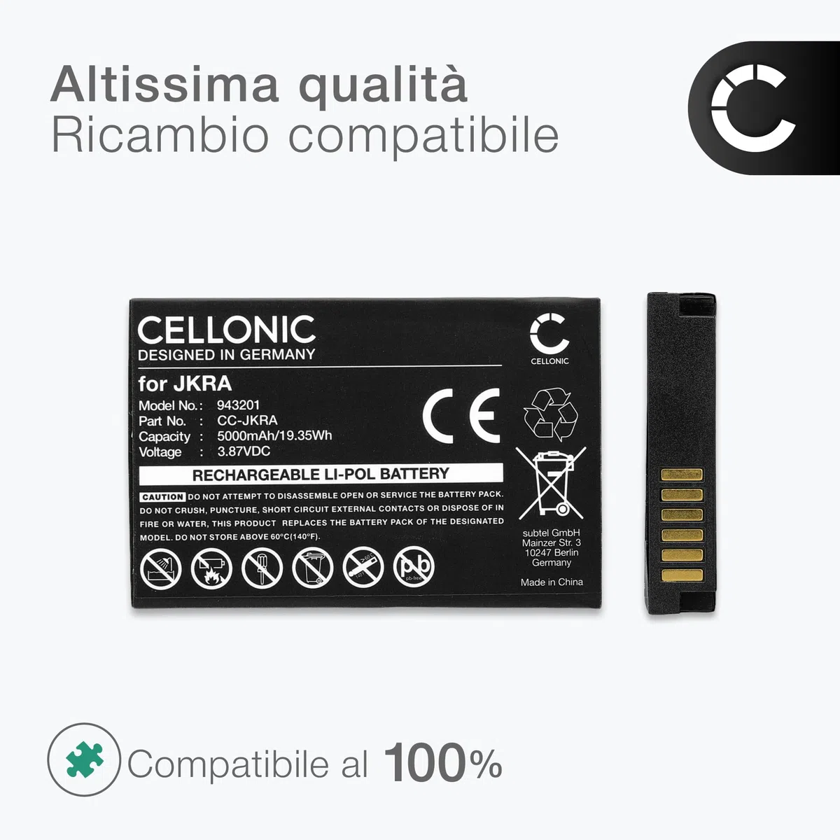 CELLONIC 1x Batteria per Terminale di pagamento/POS Compatibile con Sunmi L2Ks, T8A-10, JKRA – (5000mAh, 3.87V)