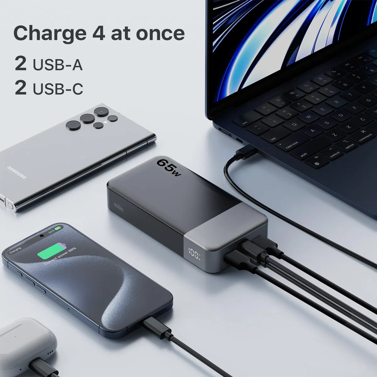NOBIS Power Bank 20000mAh PowerBank 65W, Caricatore Portatile Ricarica Rapida Bidirezionale, 4 Porte USB-C/USB-A, Display Digitale, Ampia Compatibilità, Modalità a Bassa Corrente & Protezione Completa