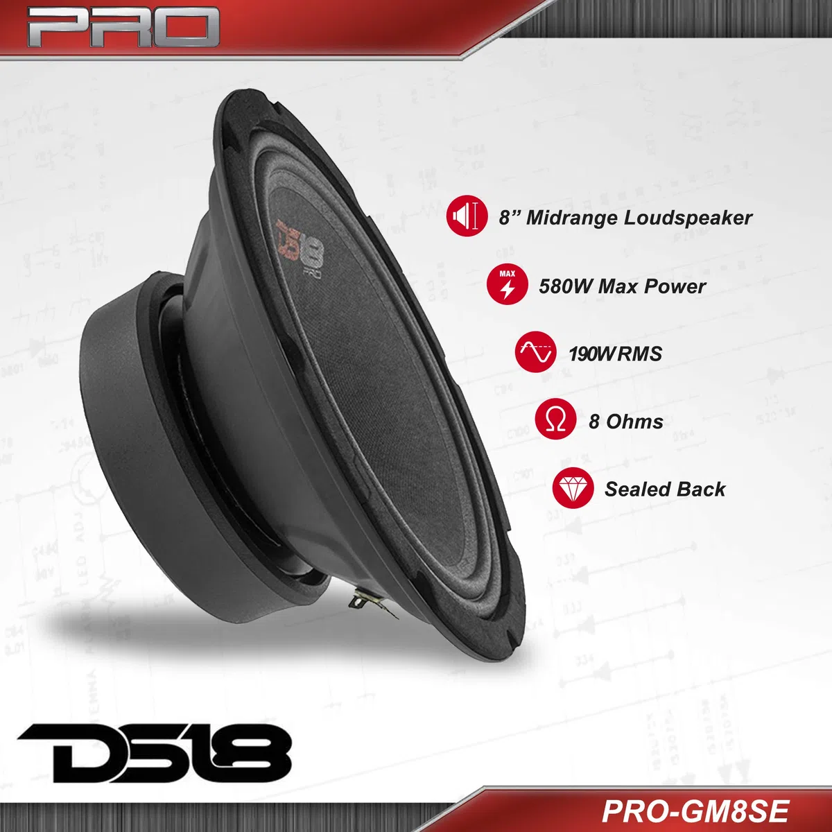 DS18 PRO-GM8SE 8-Inch Sealed Torna Midrange Altoparlante 8 Ohm - 480 Watt Max, 140 watt RMS - 1 Speaker Nuovo modello 8-inch