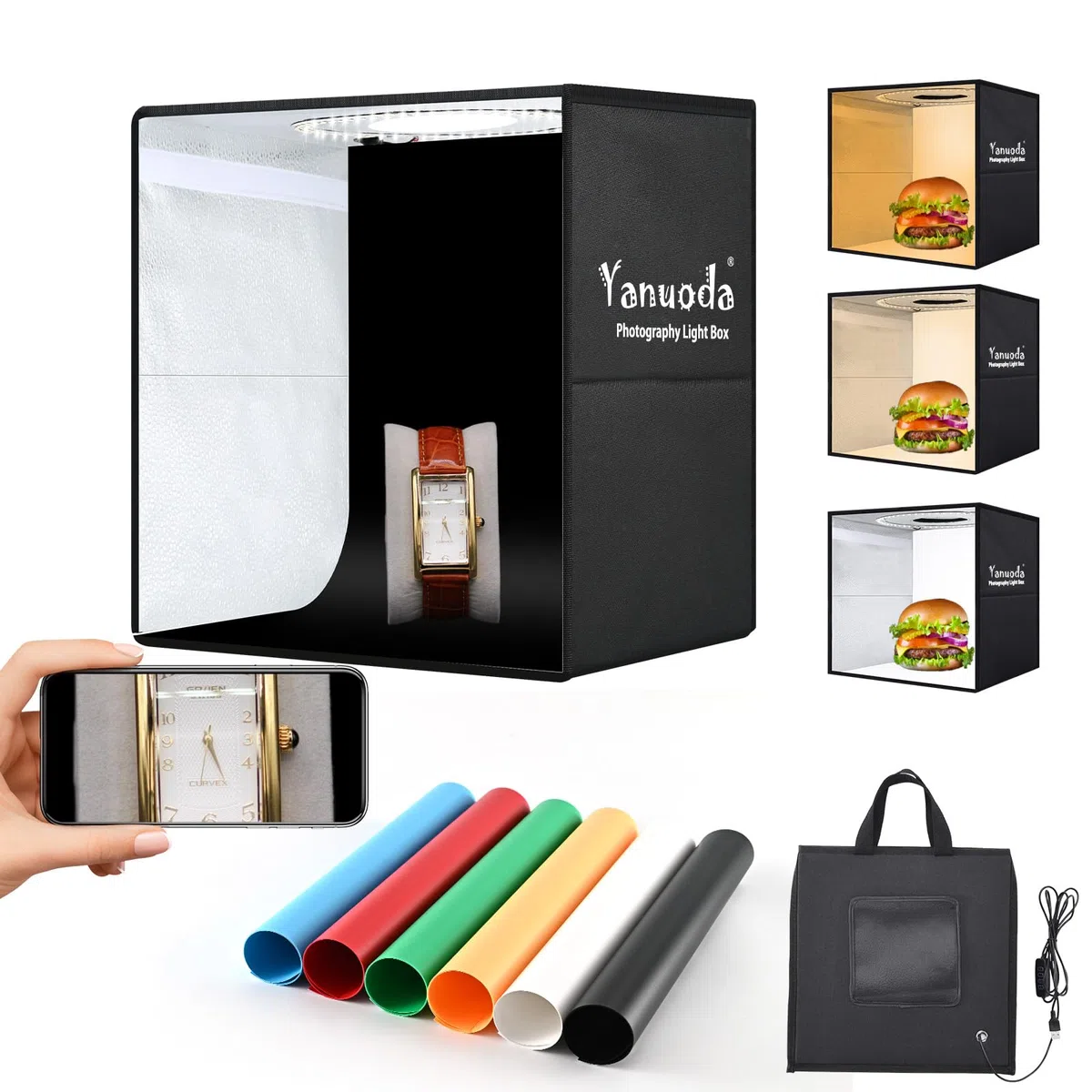 Scatola Luce Fotografica Portatile 30x30cm | 120 LED Regolabili (Luce Bianca/Fredda/Calda) | 6 Sfondi PVC | Tenda Superiore per Gioielli | Kit Studio Fotografico Professionale