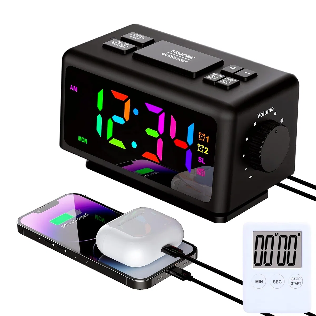 RGB Sveglia colorata Calendario perpetuo Radio FM Orologio elettronico Funzione snooze Allarmi multipli Regolazione automatica della luminosità Uscita di alimentazione USB (Black1)