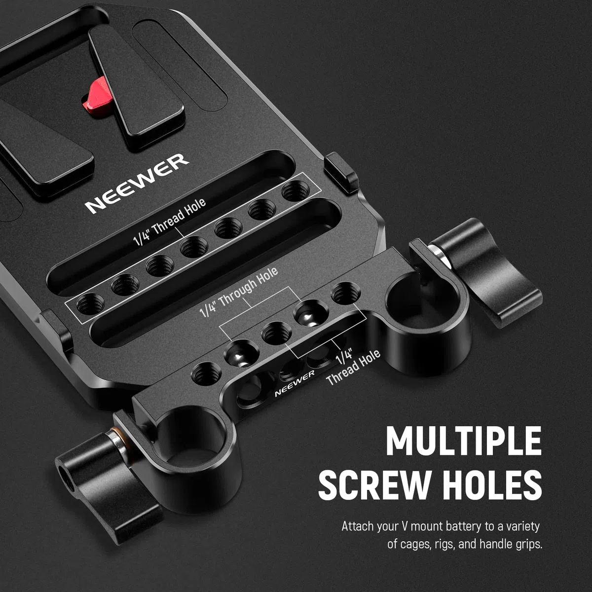 NEEWER Piastra per Batteria V Mount, con Doppi Morsetti per Aste 15mm, Fori Filettati 1/4”, in Metallo per Gabbia Fotografica con Sistema di Supporto con Aste 15mm, Compatibile con SmallRig (ST43)