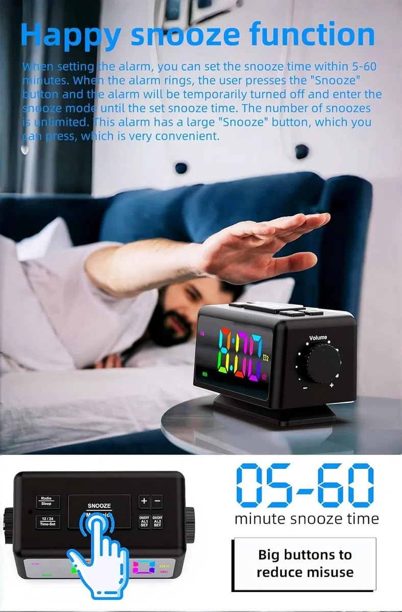 RGB Sveglia colorata Calendario perpetuo Radio FM Orologio elettronico Funzione snooze Allarmi multipli Regolazione automatica della luminosità Uscita di alimentazione USB (Black1)
