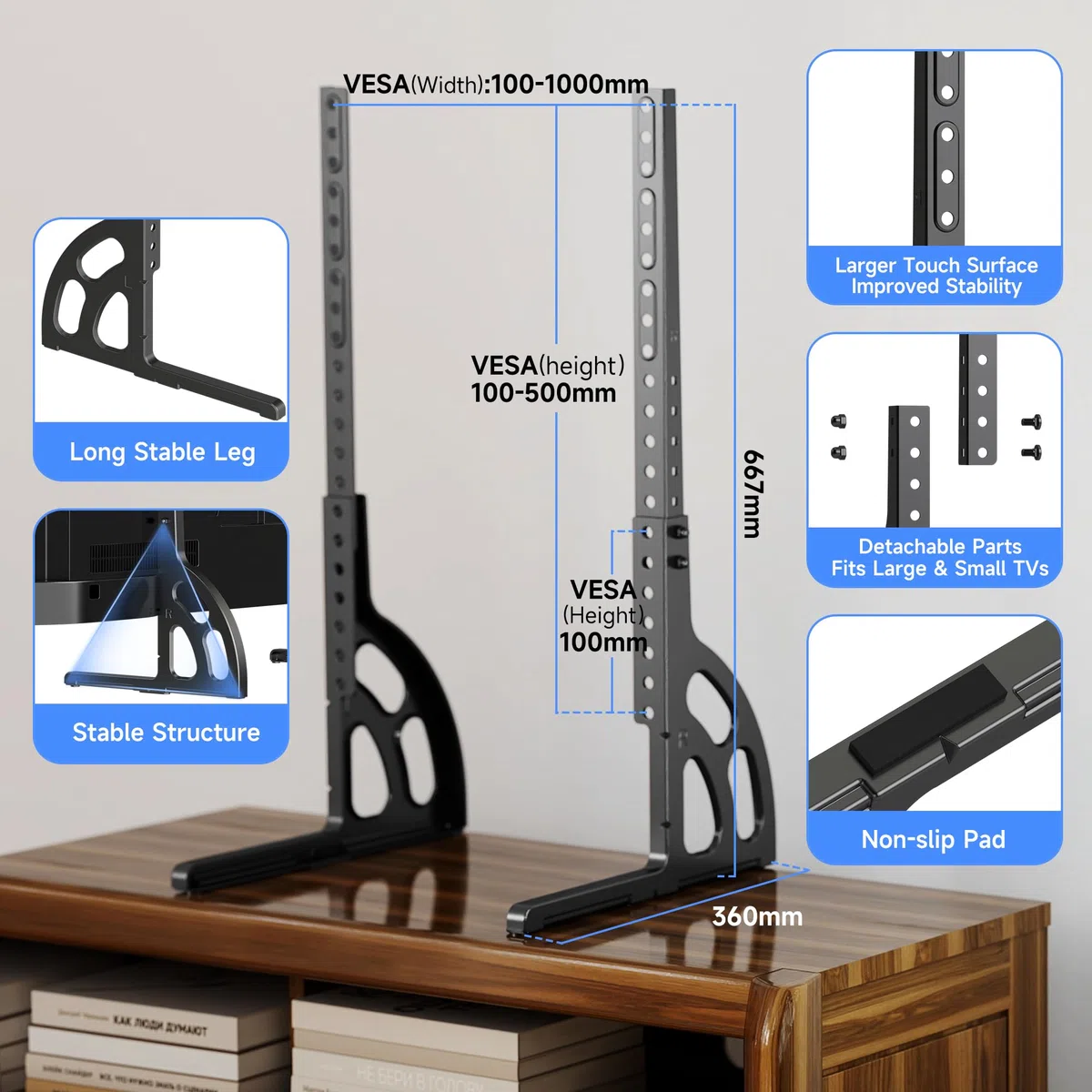 XINLEI Supporto TV universale per TV da 22 a 85 pollici, base in metallo anti-oscillazione, piedini di ricambio robusti e regolabili, VESA max. 1000 x 500 mm, capacità di carico di 55 kg ML1760E