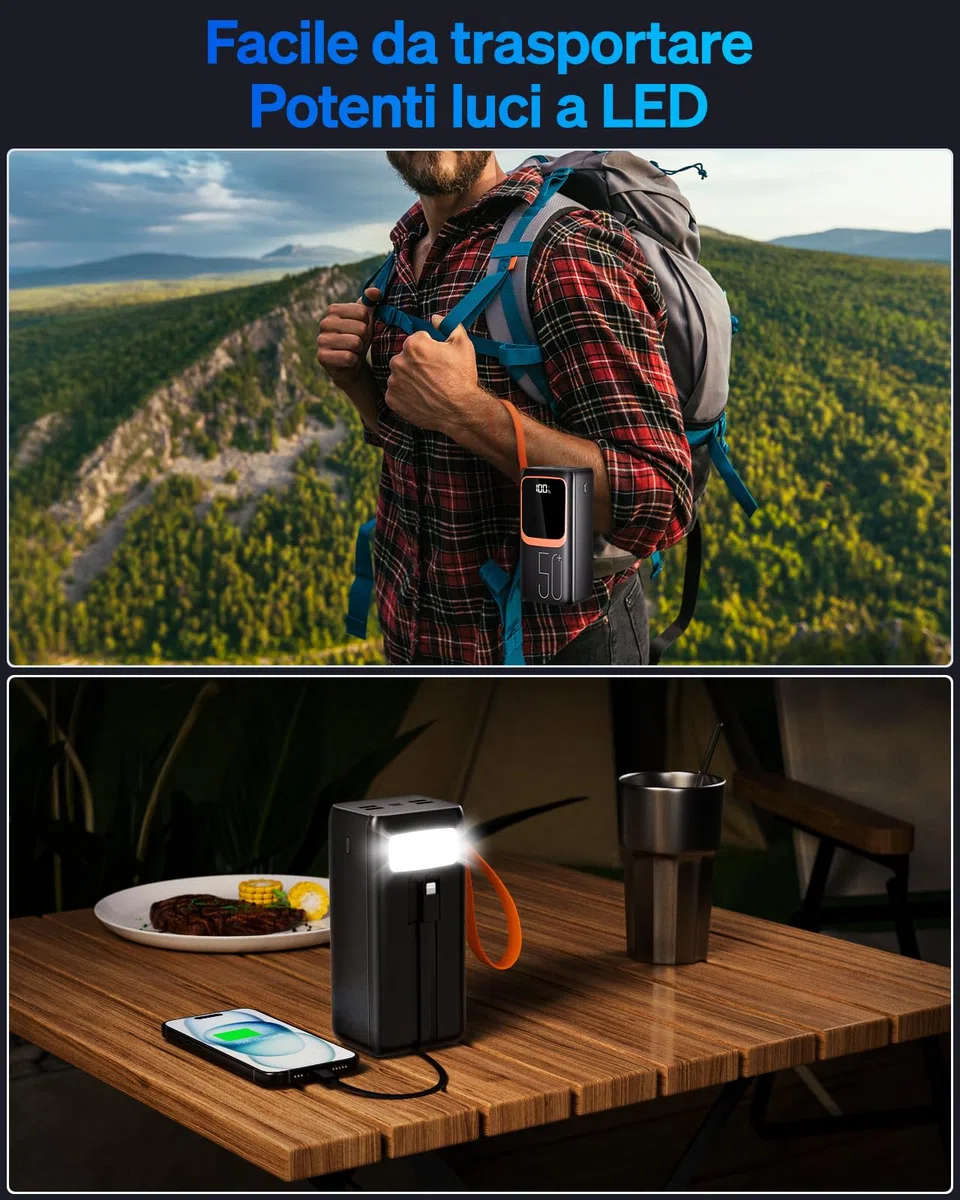 Power Bank 50000 mAh con cavo integrato: batteria esterna a ricarica rapida da 22,5 W con grande capacità, caricabatterie portatile con torcia LED e 7 uscite e 3 ingressi-con cavo integrato