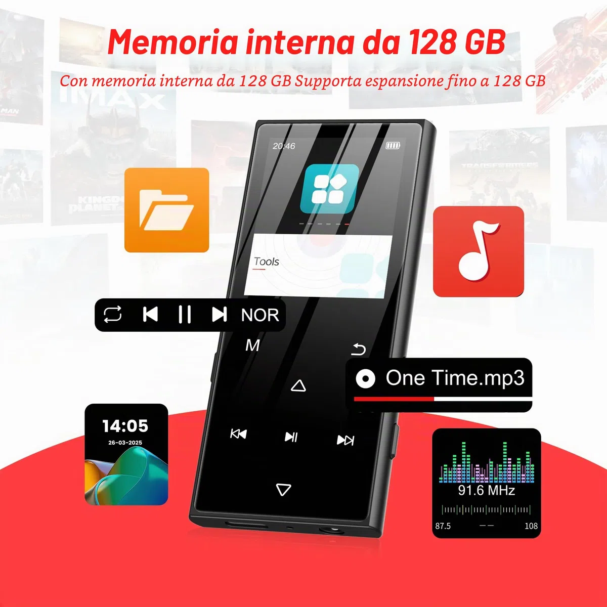 Lettore MP3 da 128 GB con Bluetooth 5.3 e touchscreen da 1,8 pollici, musica hi-fi, lettore MP3 per bambini con altoparlante, radio FM, funzione e-book, funzione di registrazione (Nero)