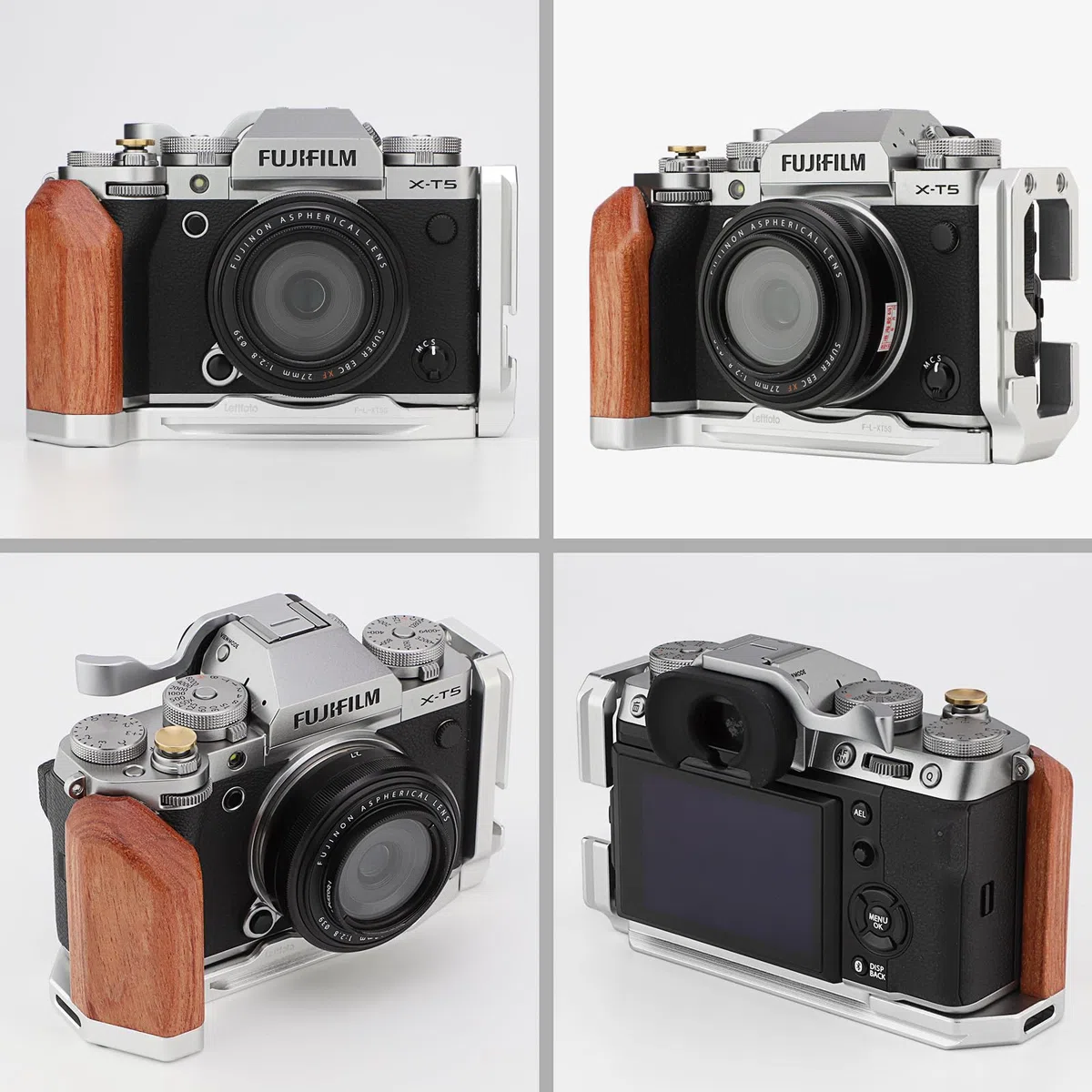 Leftfoto XT5 Maniglia a forma di L con impugnatura in legno per fotocamera Fuj XT5, con piastra a sgancio rapido Arca inferiore integrata, con pulsante di scatto in rame..