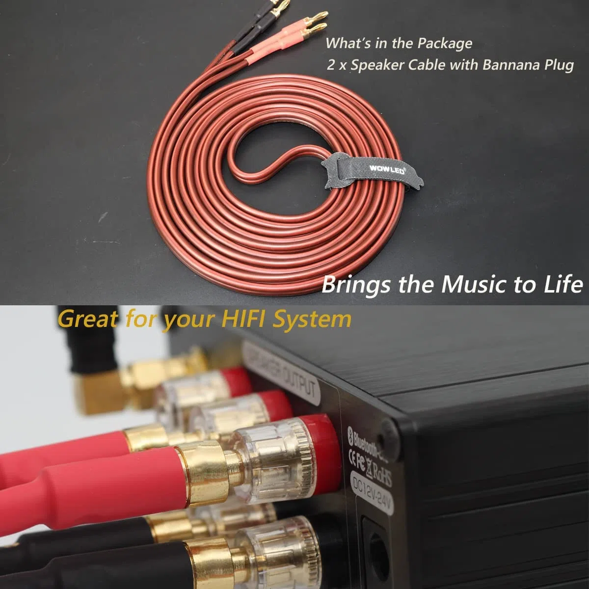 WF - 2 cavi a banana HIFI OFC in rame puro di alta qualità, spina a banana dorata da 2 m, maschio a maschio, 600 fili, 14 AWG, per altoparlanti audio, sistema home theater HIFI (2 m)