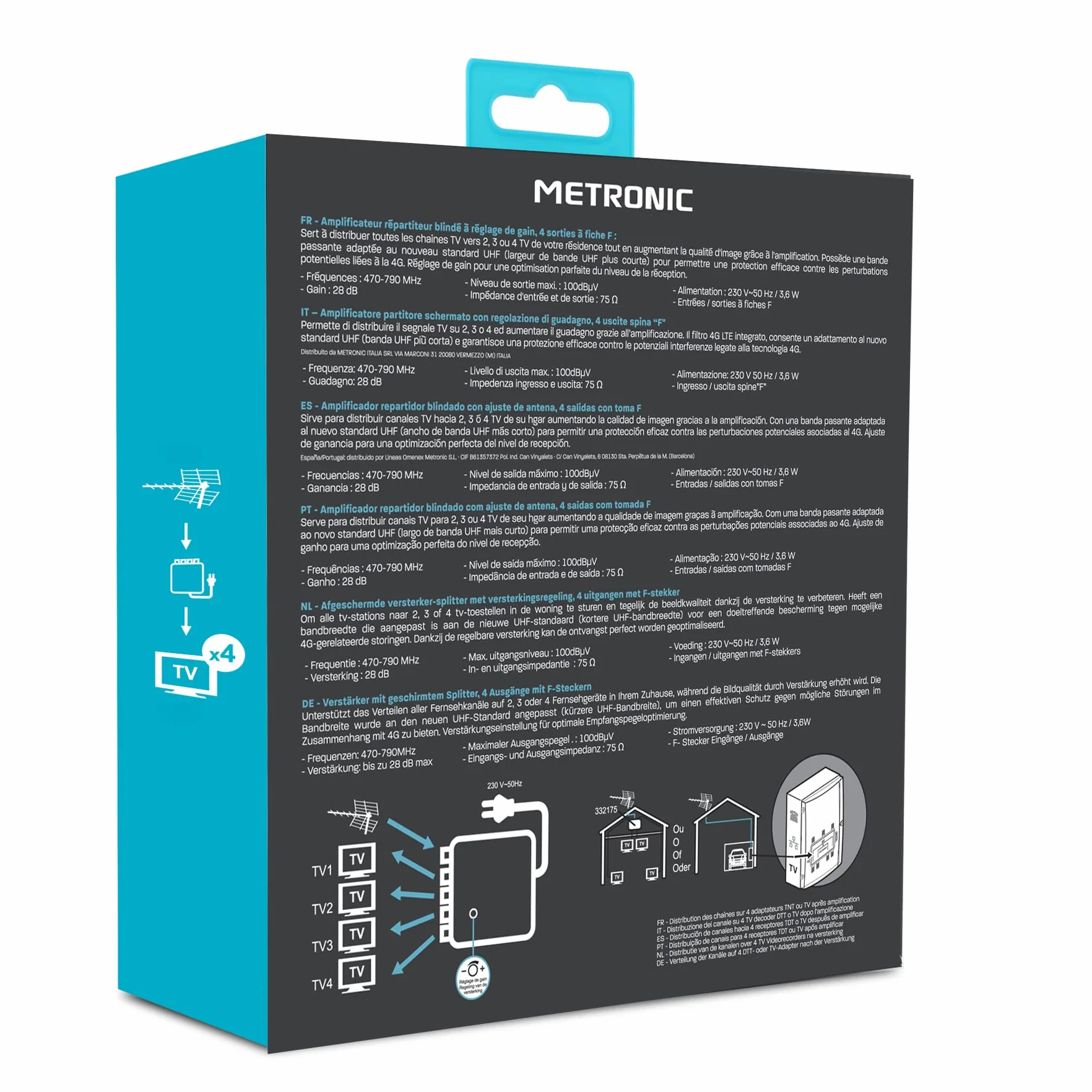 METRONIC 332175 Amplificatore splitter Antenna TV Digitale Terrestre Interno – Potenziatore di Segnale con Alimentatore, 26 dB, regolazione guadagno/4 uscite spina F – Blanco