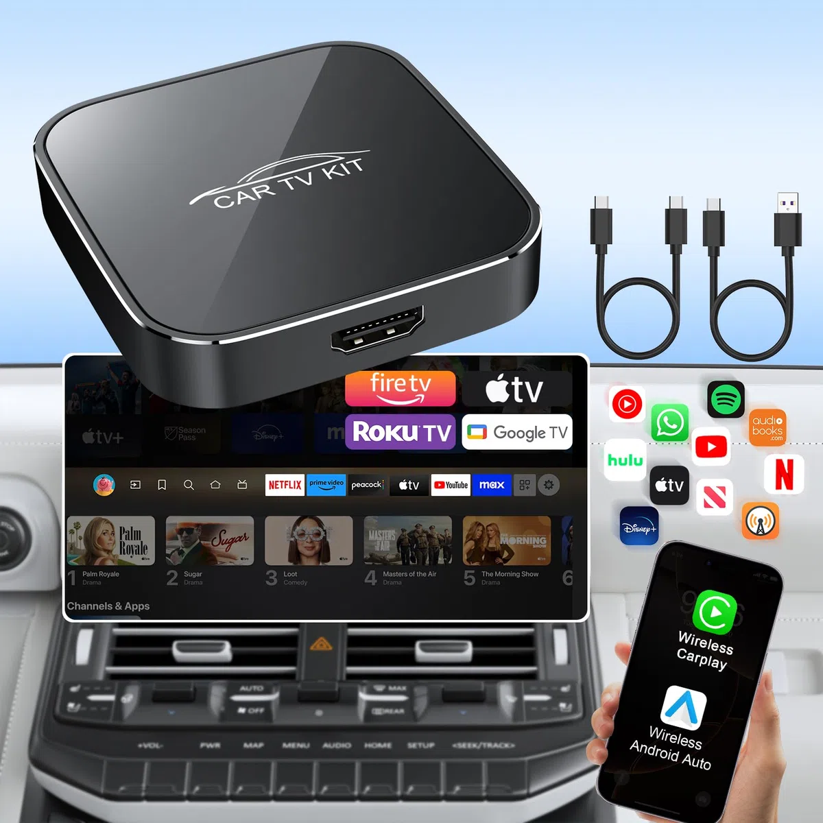 3 in 1 Car TV Mate Pro con Wireless CarPlay & Android Auto Adapter, Convertitore HDMI Multimedia TV Stick, Streaming da Fire T V/Console/YouTube/Netflix in auto per CarPlay cablato