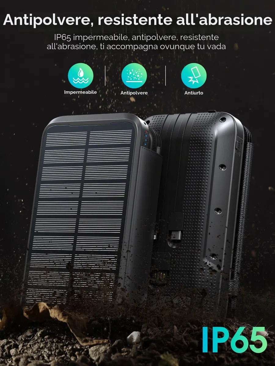 Powerbank solare 20000 mAh, caricatore solare con 3 cavi QC4.0 22,5 W, USB C 20 W, funzione di ricarica rapida, con 4 pannelli solari e 3 torce a LED per smartphone, tablet, campeggio(Nero)