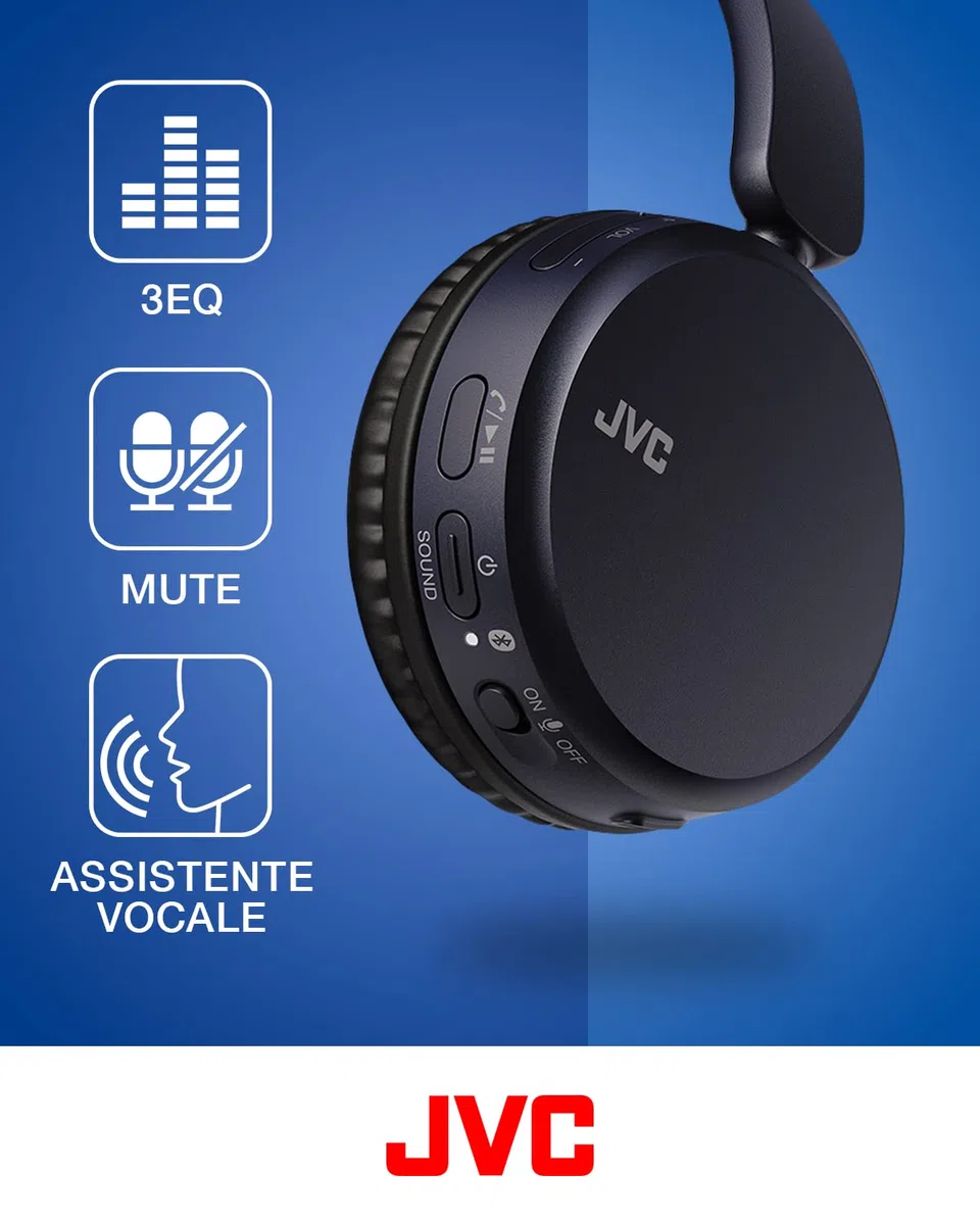 JVC, Cuffie Bluetooth HA-Z37W, Cuffie Wireless On Ear con Deep Bass, 3 Modalità Audio, Funzione Multi Point, Compatibili con Assistenti Vocali, 35 Ore di Riproduzione, Blu