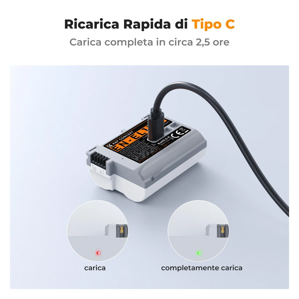 K&F CONCEPT 2600mAh EN-EL15C Batteria Rcarica Rapida USB-C Compatibile con Nikon ZR, Z8, Zf, Z7, Z6, Z7ii, Z6ii, Z6iii, Z5, D850, D810, D810A, D780, D750, D610, D500, D7500, D7200
