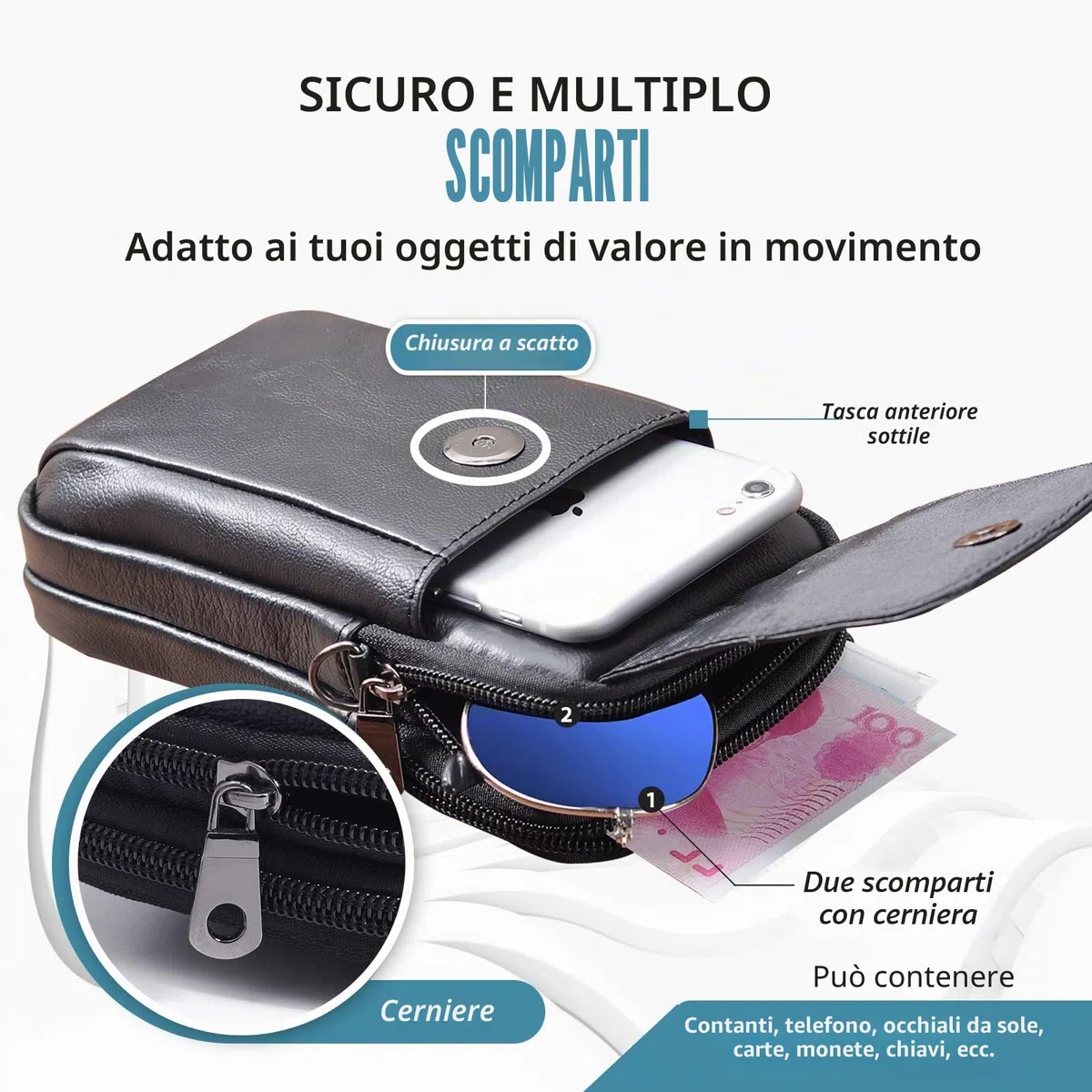 Borsa a Tracolla per Telefono Cellulare con Cinturino, Marsupio per Uomo, Porta Smartphone in Vera Pelle, Borsellino Portafoglio da Viaggio, Piccolo Marsupio con Chiave per Carta Fionda