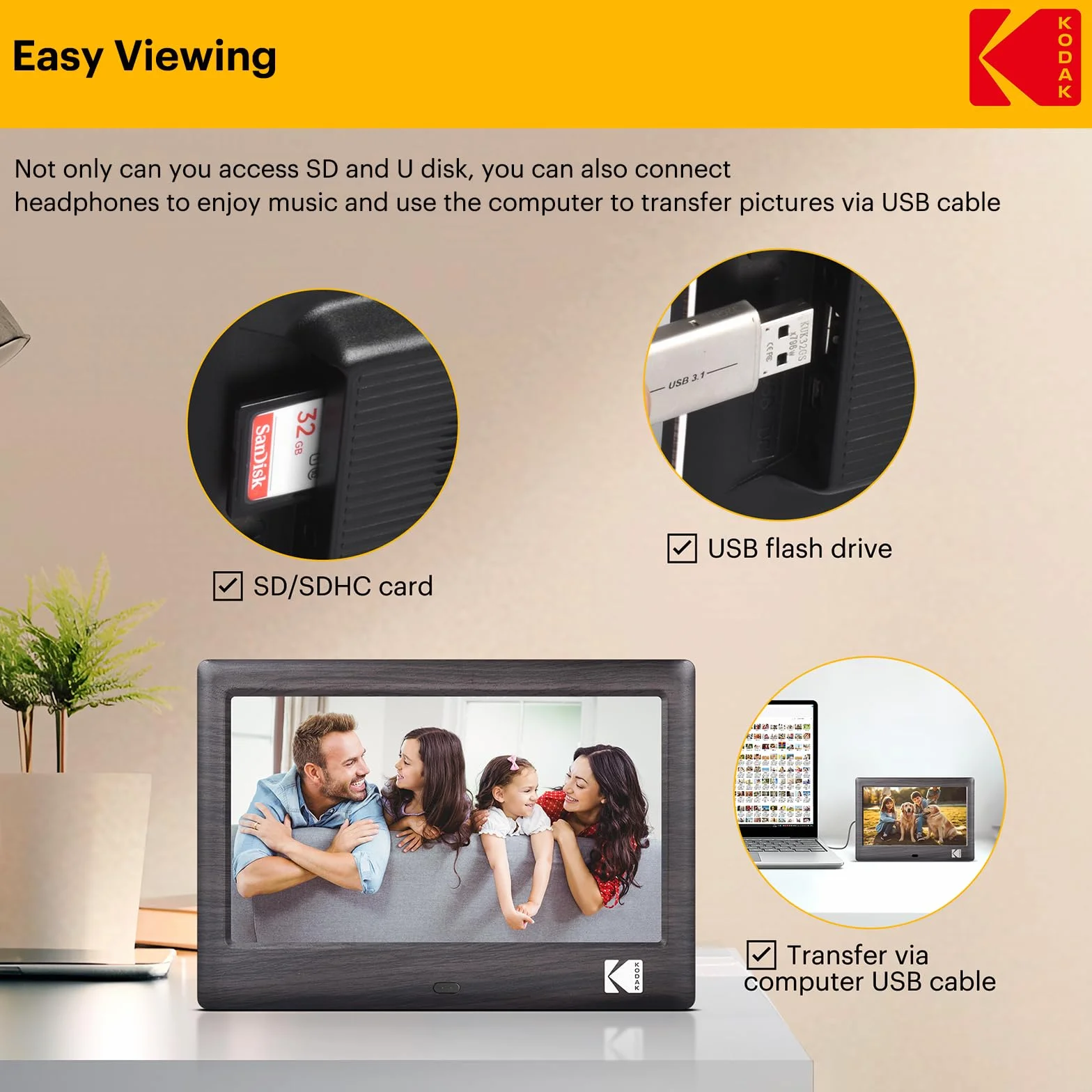 KODAK 7 pollici Cornice Digitale, cornice elettronica, schermo IPS, foto/musica/lettore video, calendario/allarme, supporto USB o scheda SD, rotazione automatica, con telecomando