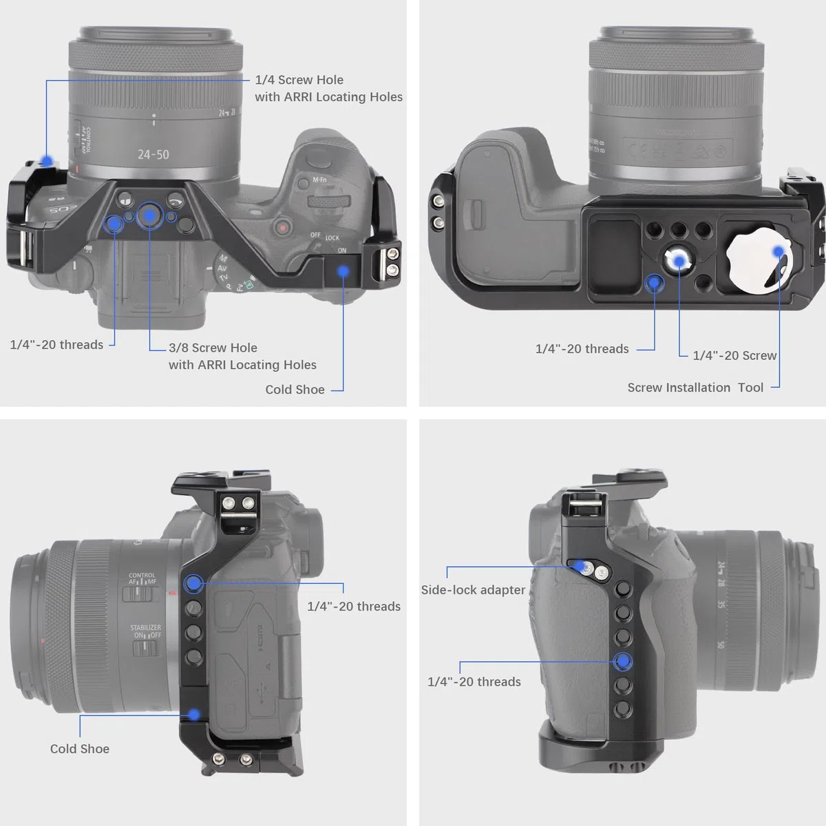 LEFTFOTO Gabbia per fotocamera Canon EOS R8 con base Arca, scarpa fredda, slot per cinghia, fori per viti da 1/4 e 3/8", compatibilità stabilizzatore DJI RS - per riprese video Vlog