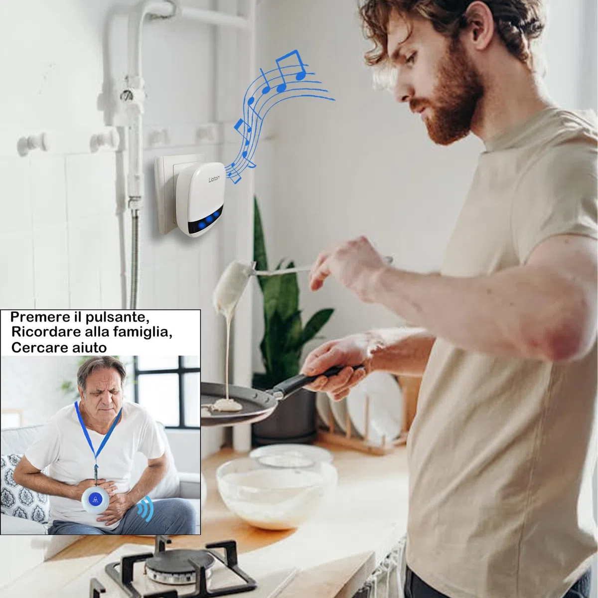 Pulsante di Chiamata Wireless, LIOTOIN Cercapersone con LED in Portata Fino a 180m Impermeabile Sistema di Assistenza per Anziani Pazienti Disabili Casa Ospedale (3 Trasmettitori 1 Ricevitori)