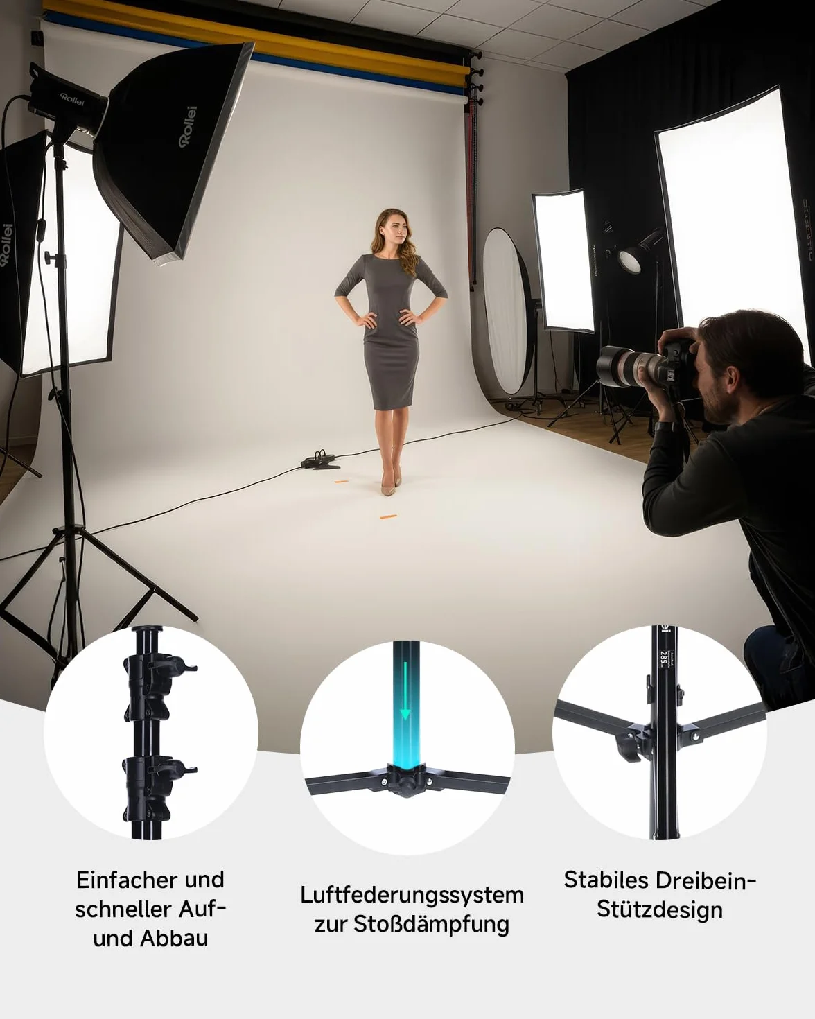Rollei Pro Flash Stand 285 cm - Treppiedi per lampada professionale 285 cm – Treppiedi per lampada in alluminio robusto per flash da studio, Altezza regolabile tra 125 e 285 cm - Nero