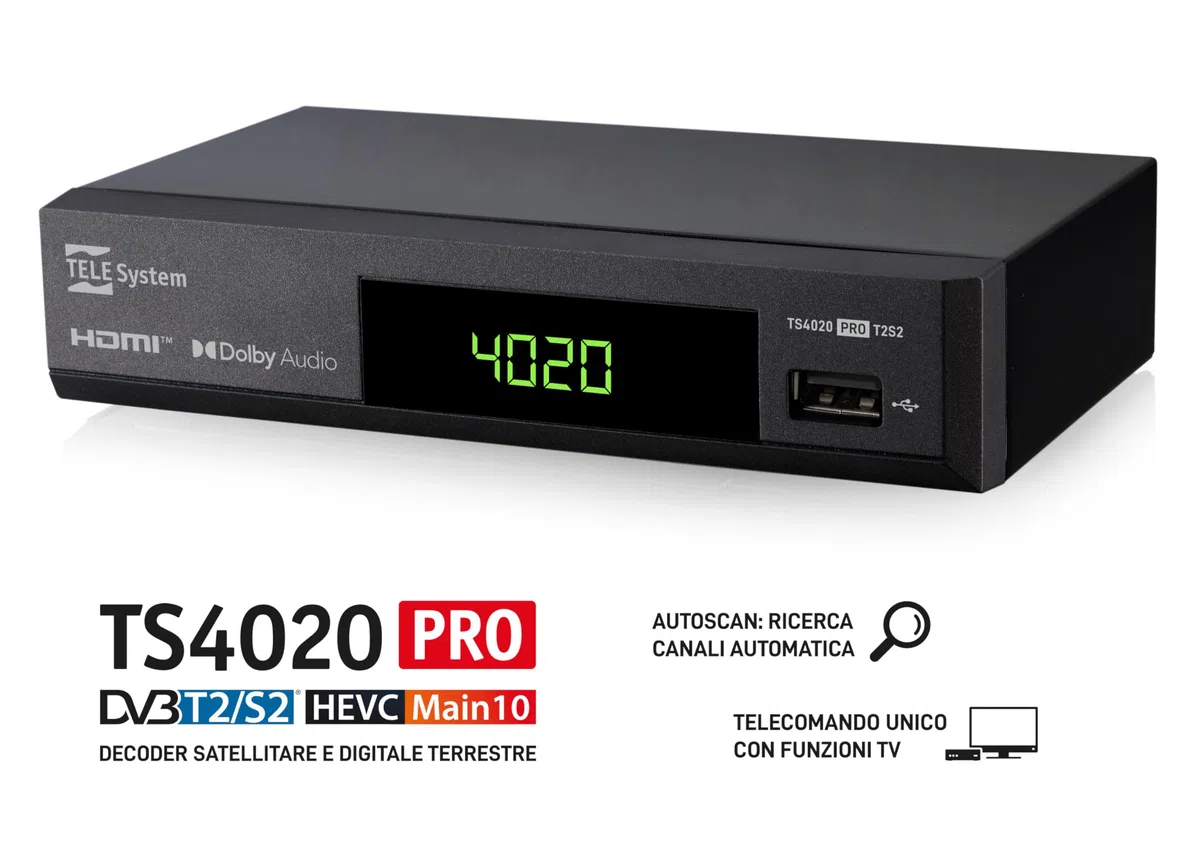 Tele System Decoder Digitale Terrestre e Satellitare 2025 TS4020 PRO, DVB-T/T2 e DVB-S/S2 HEVC HD HDR10 HLG, Decoder TV con Telecomando Unico per ricevitore e TV. USB Media Player.