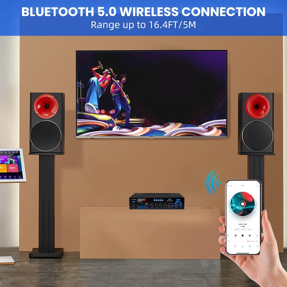 Amplificatore Bluetooth 5.0 1000W RMS 60W X2 Stereo con Telecomando e Mini Display LCD, 12V/220V, 2.0 Canali con Ingresso USB/RCA/Scheda SD per Casa, Auto Audio Speaker