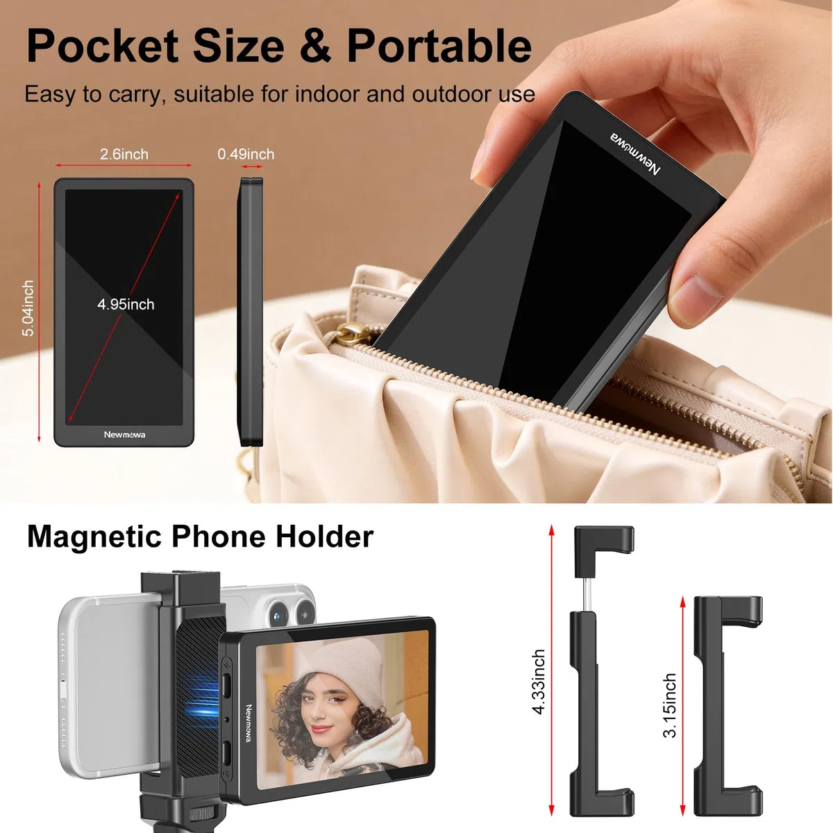 Newmowa 4.95" Schermo Monitor per Selfie Vlog per Telefono, Accessorio per Fotocamera Posteriore per Teleprompter LiveStream Selfie Vlog TikTok,Compatibile con iPhone(Support 4K 30fps Wired Recording)