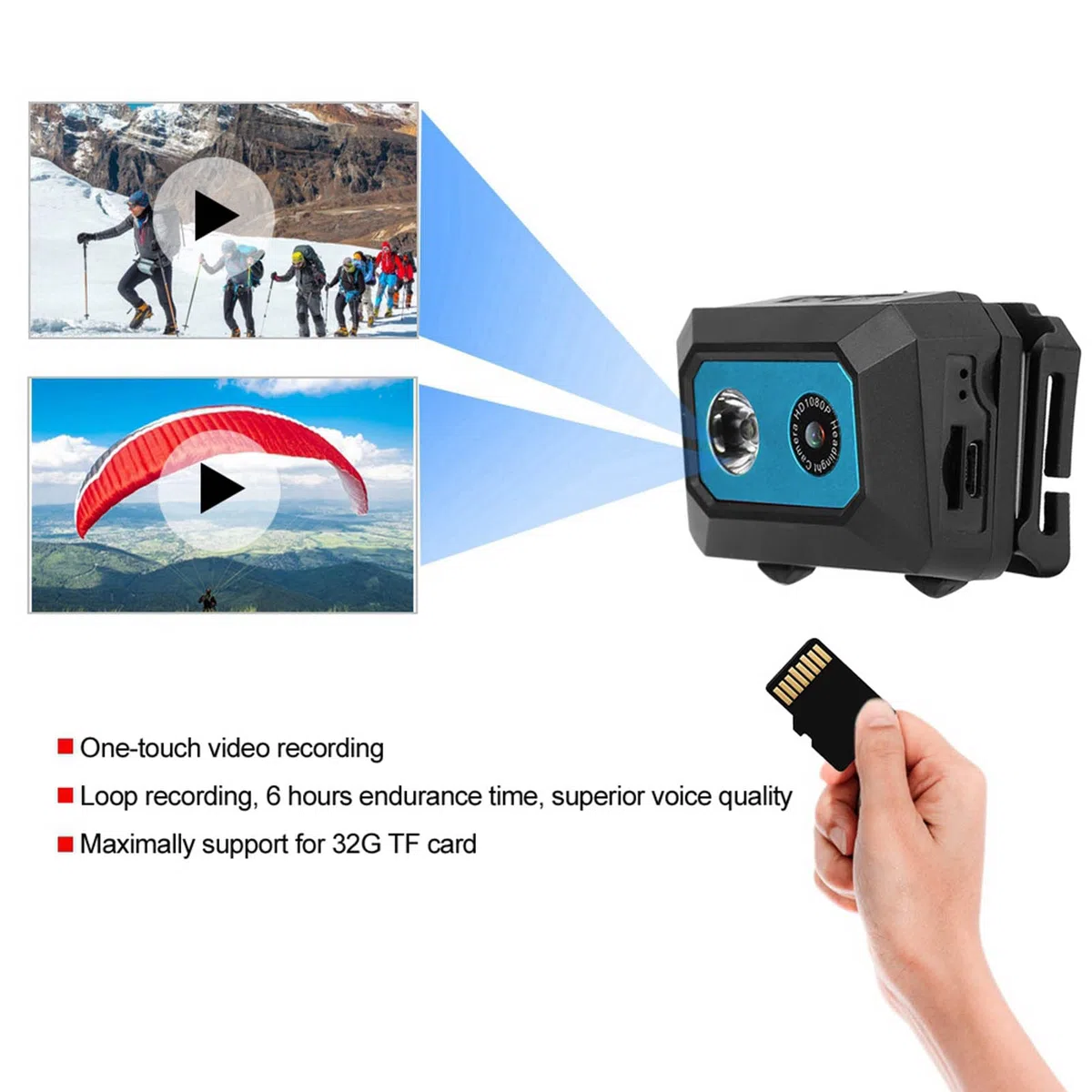 Telecamera Sportiva DV Super HD 1080P, Videocamera D'azione Montata Sulla Testa con Registratore DVR per Uso Fotografico All'aperto, in Casa e in Viaggio (Nero Blu)