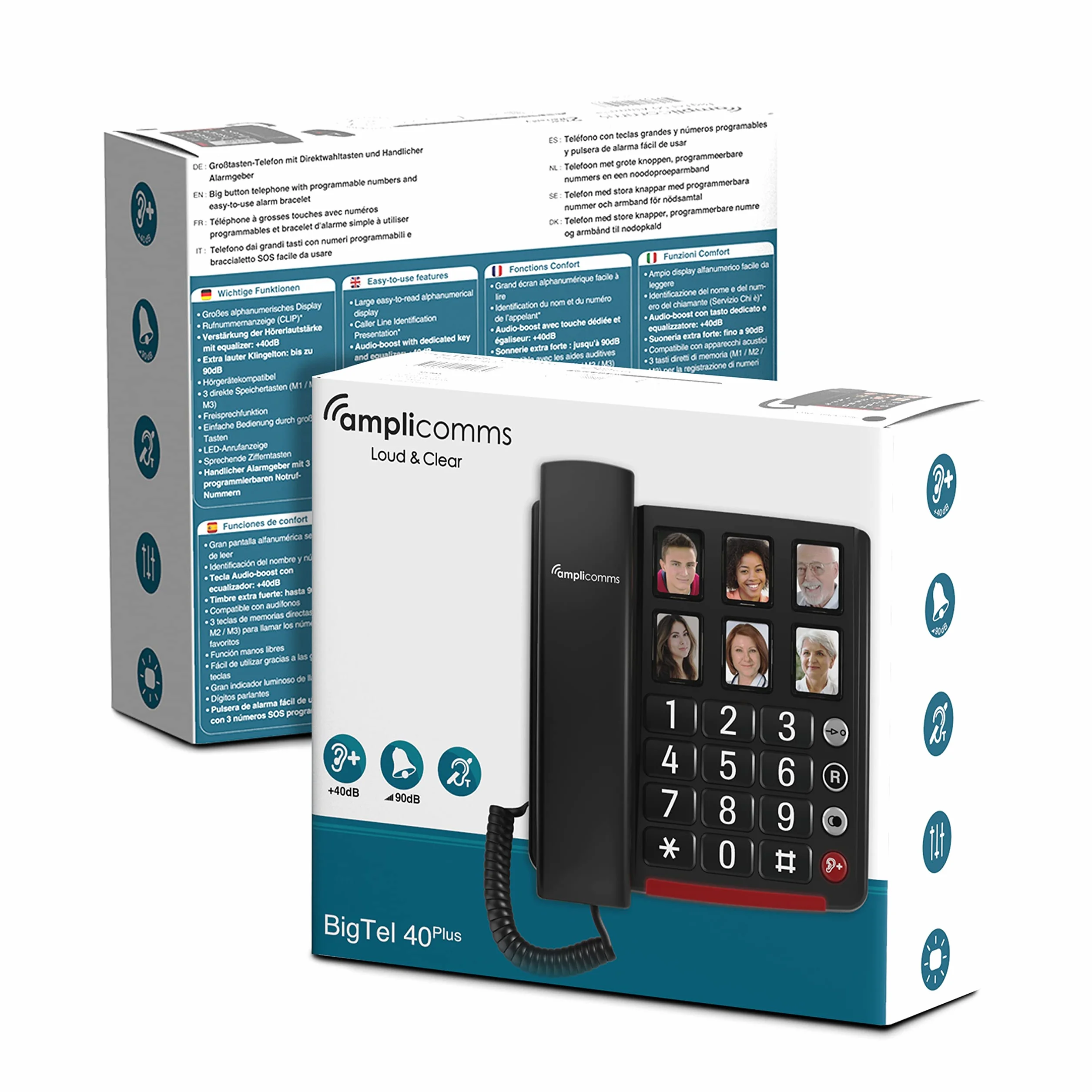 Amplicomms BigTel 40 Plus, telefono con cavo a pulsante grande, sei pulsanti di selezione diretta per foto, potenziamento audio 40dB, suonerie extra forti, compatibile con apparecchi acustici