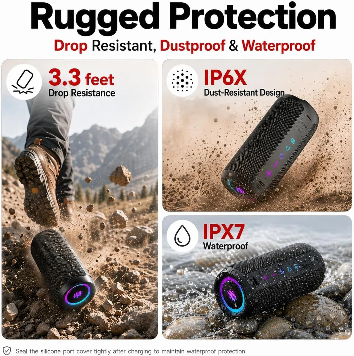 TIMU Cassa Bluetooth Portatile Potente, Altoparlante Bluetooth 5.4 con 2 Modalità EQ, IPX7, TWS, 24H di Autonomia, 8 Modalità RGB, Cinghia da Trekking, Compatibile con PC, AUX, TF