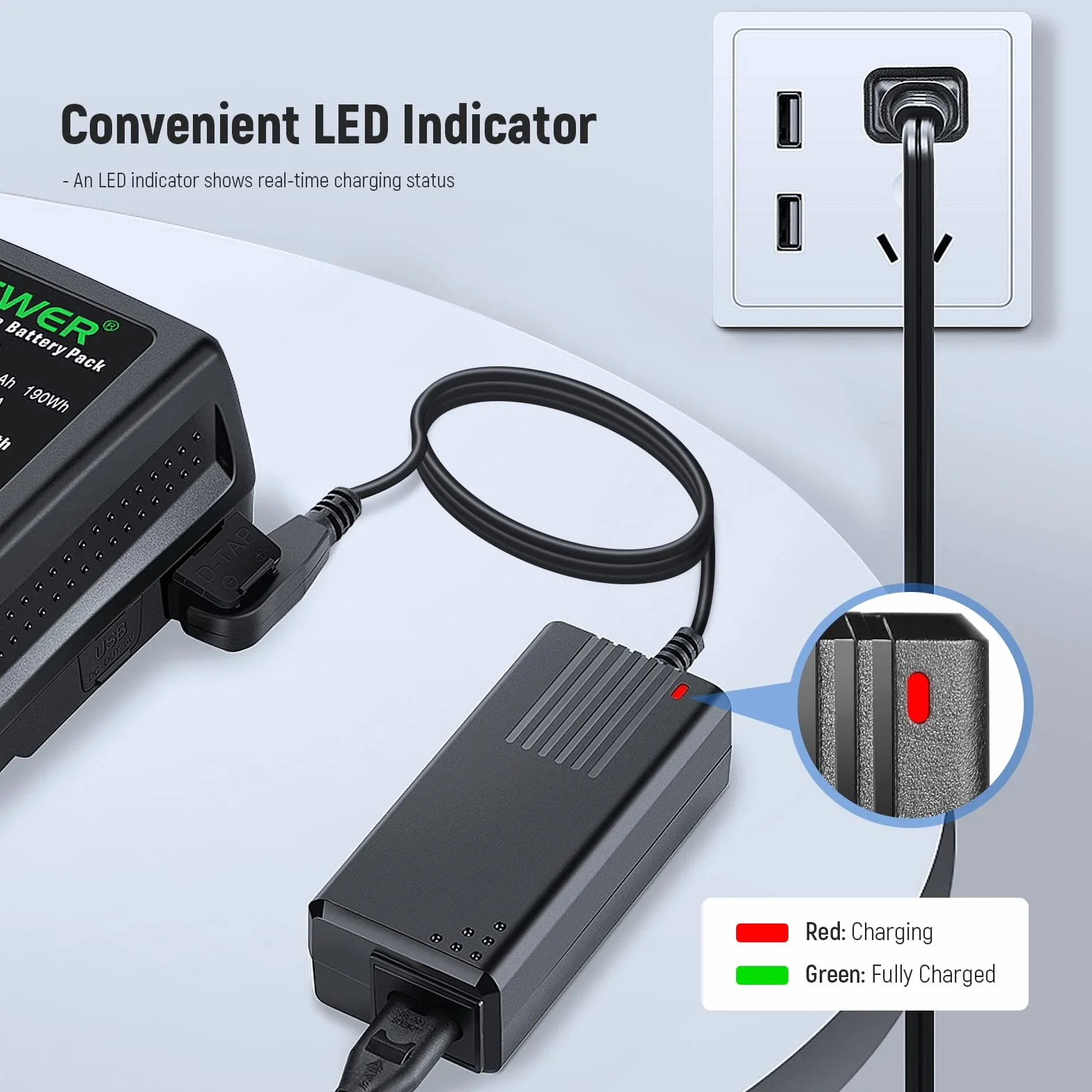 NEEWER Caricabatterie D-Tap con Cavo D-Tap da 1m per Batteria V-Mount/V-Lock/Gold Mount, Compatibile con NEEWER BP-95W BP-190WS BP-150WS BP-V47 BP-V95 Sony BP-U65 BP-U68 ecc.[Uscita: 16,8V 2A]