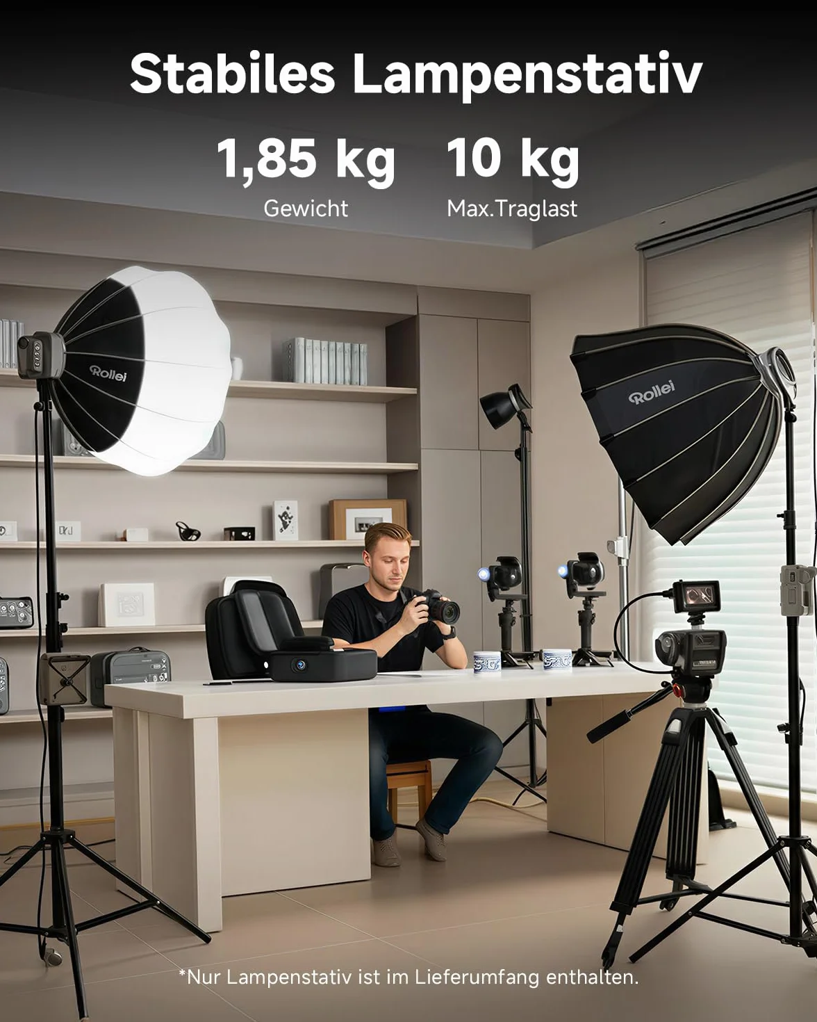 Rollei Pro Flash Stand 285 cm - Treppiedi per lampada professionale 285 cm – Treppiedi per lampada in alluminio robusto per flash da studio, Altezza regolabile tra 125 e 285 cm - Nero