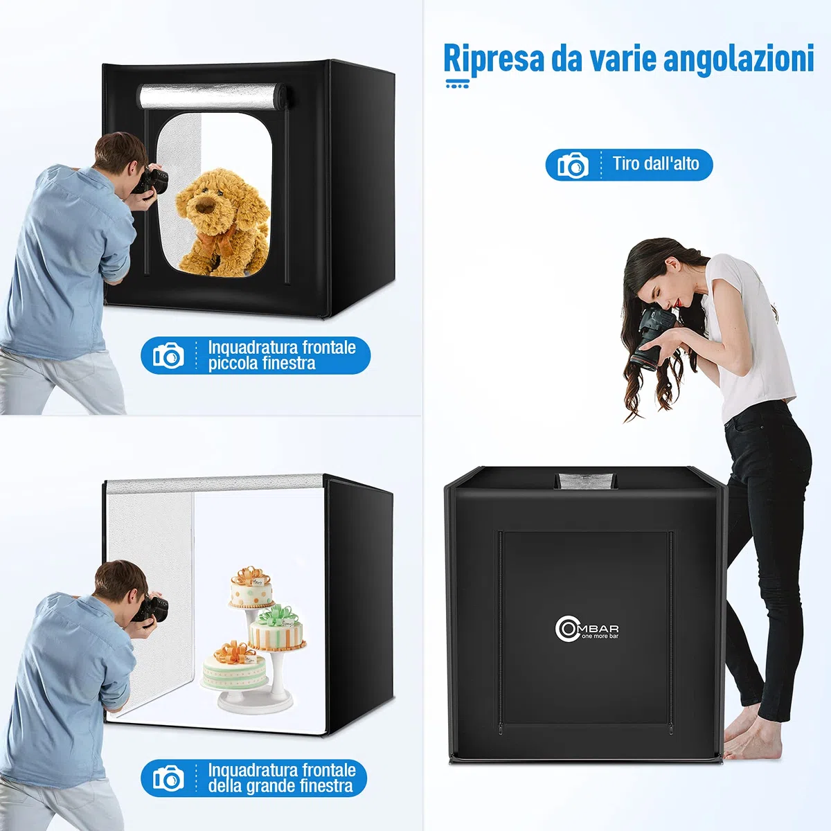 OMBAR Scatola Luminosa per Studio Fotografico Portatile, Dimmabile, LED, Tenda di Illuminazione per Shooting 80 x 80 x 80cm, Luminosità Regolabile, 3 sfondi Bbianco, Nero, Arancione)