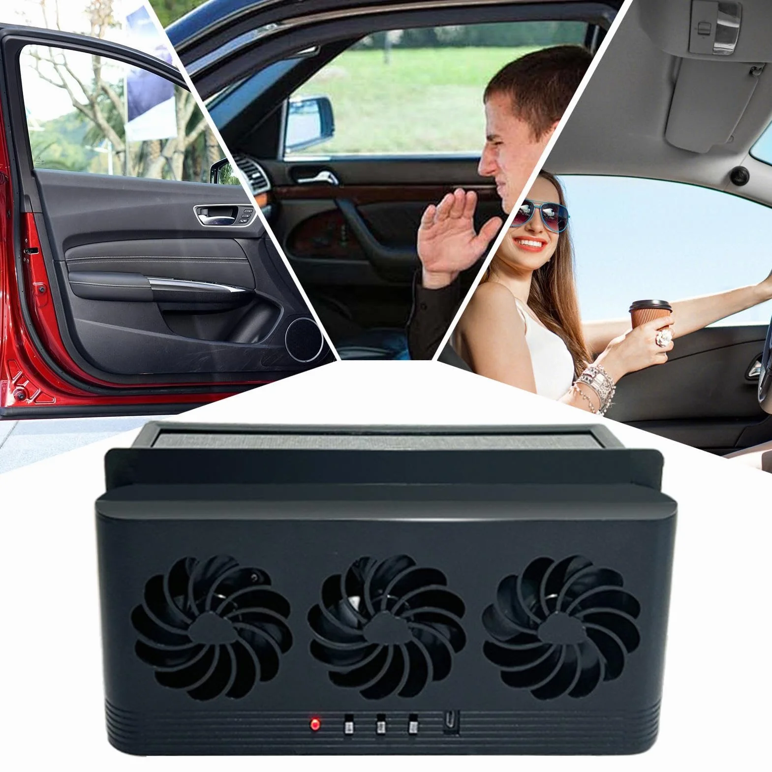 Air Circulation, Car Window Fan, Auto Solar Three-Head Cooling, Tool With Solar-Powered Ventilation, Portable Air Cooler For Rv, Small Suv, Truck, And Sedan, 23x11.3x5cm
