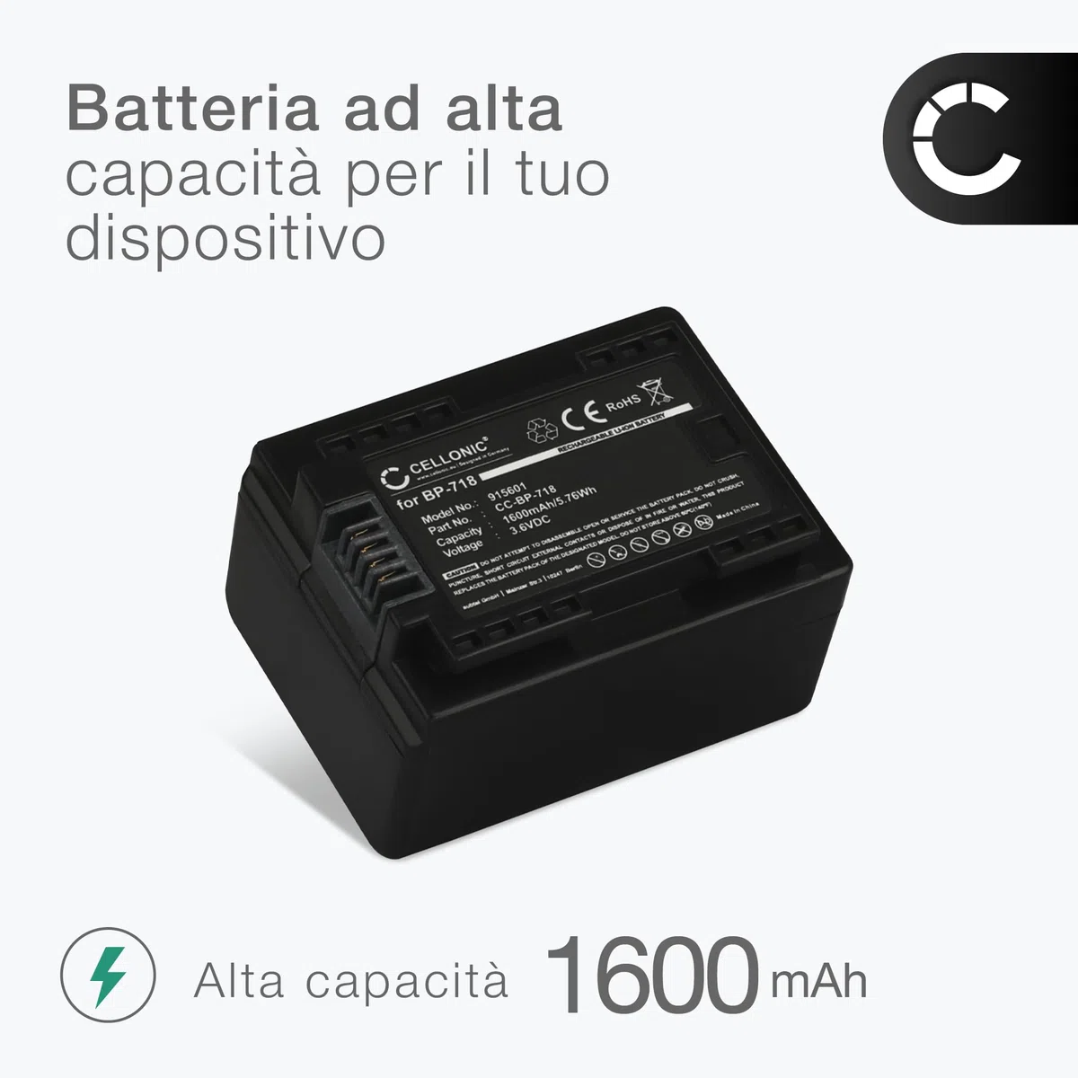 CELLONIC 1x Batteria per Fotocamera Compatibile con Canon VIXIA HF R50, LEGRIA HF R806, LEGRIA HF R606, BP-727 – (1600mAh, 3.6V)