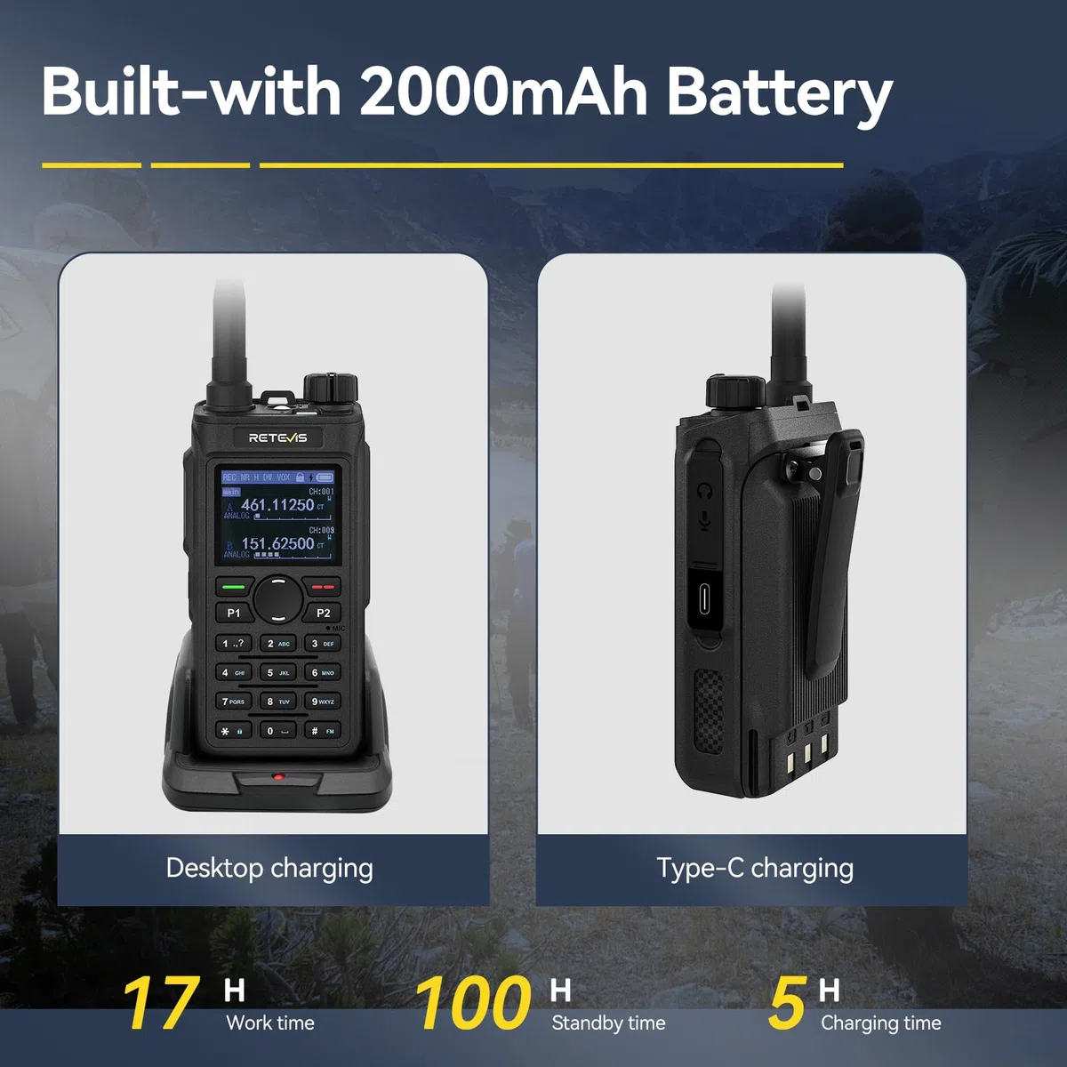 Retevis C62 Walkie Talkie Lungo Raggio, Professionali Ham Radio Bibanda, Display LCD, 2000mAh, Walkie Talkie Ricaricabili per Adulti, per Escursionismo/Caccia/Campeggio (Nero, 1 Pezzo)