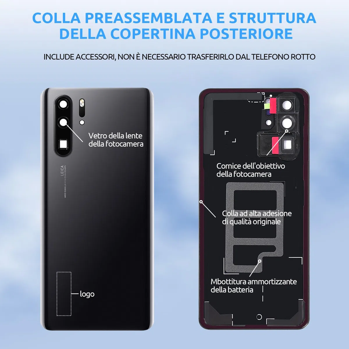 Scocca Vetro Posteriore Sostituzione per Huawei P30 PRO Originale Coperchio Copribatteria con Vetro Fotocamera+Ricambio Kit(Nero)